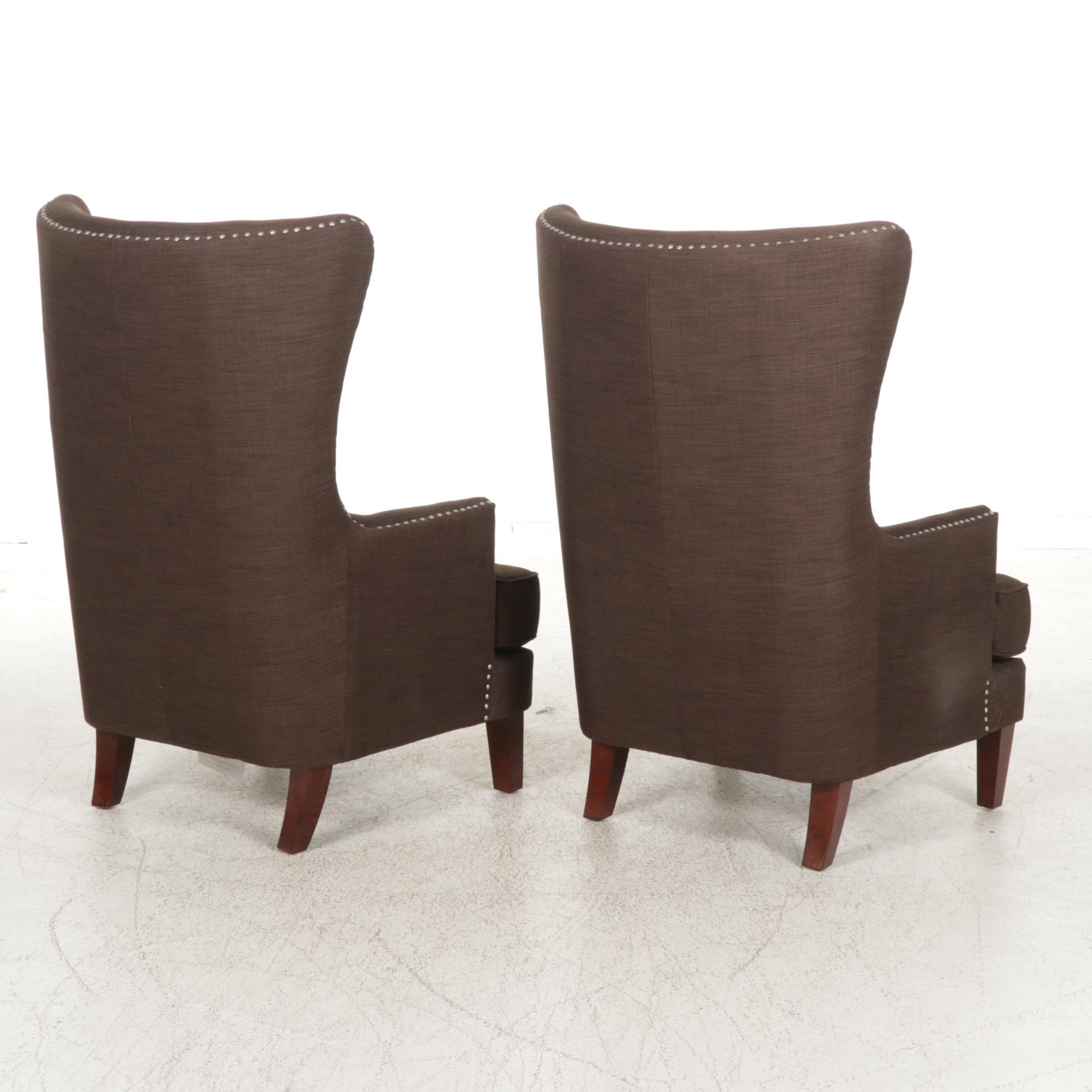 Contemporary Fan Back Upholstered Armchairs, Pair