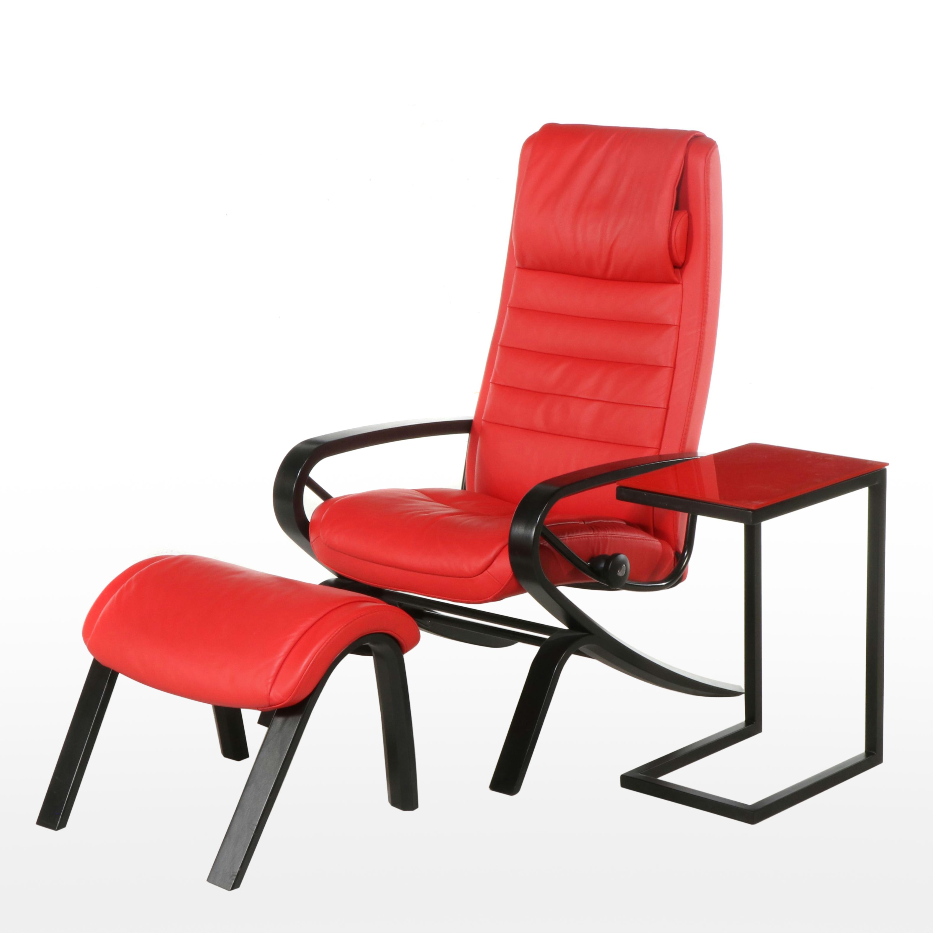 Stressless Wood and Leather Adjustable Armchair with Ottoman and Side Table