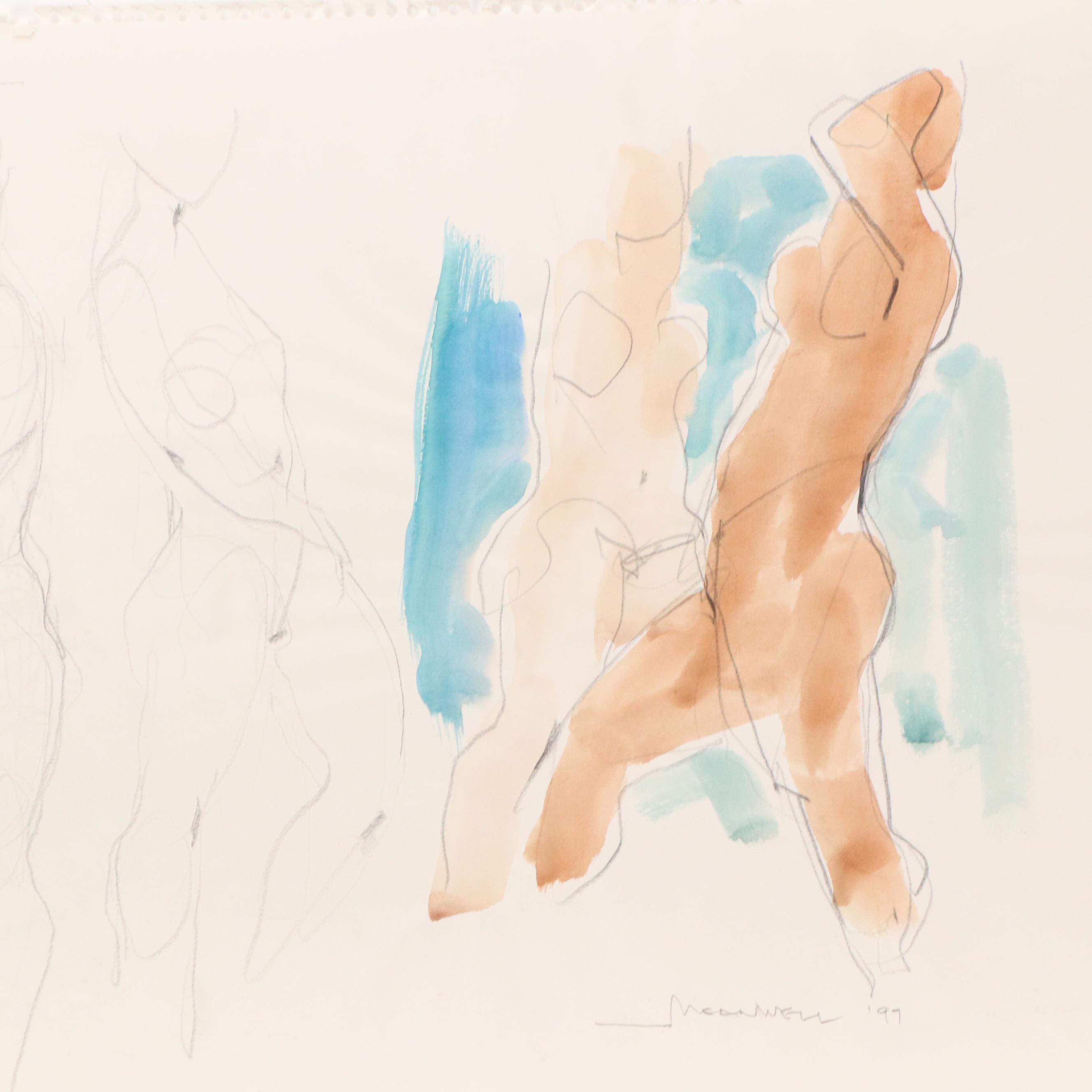 Jack Meanwell Mixed Media Stylized Figural Composition Drawing, 1997