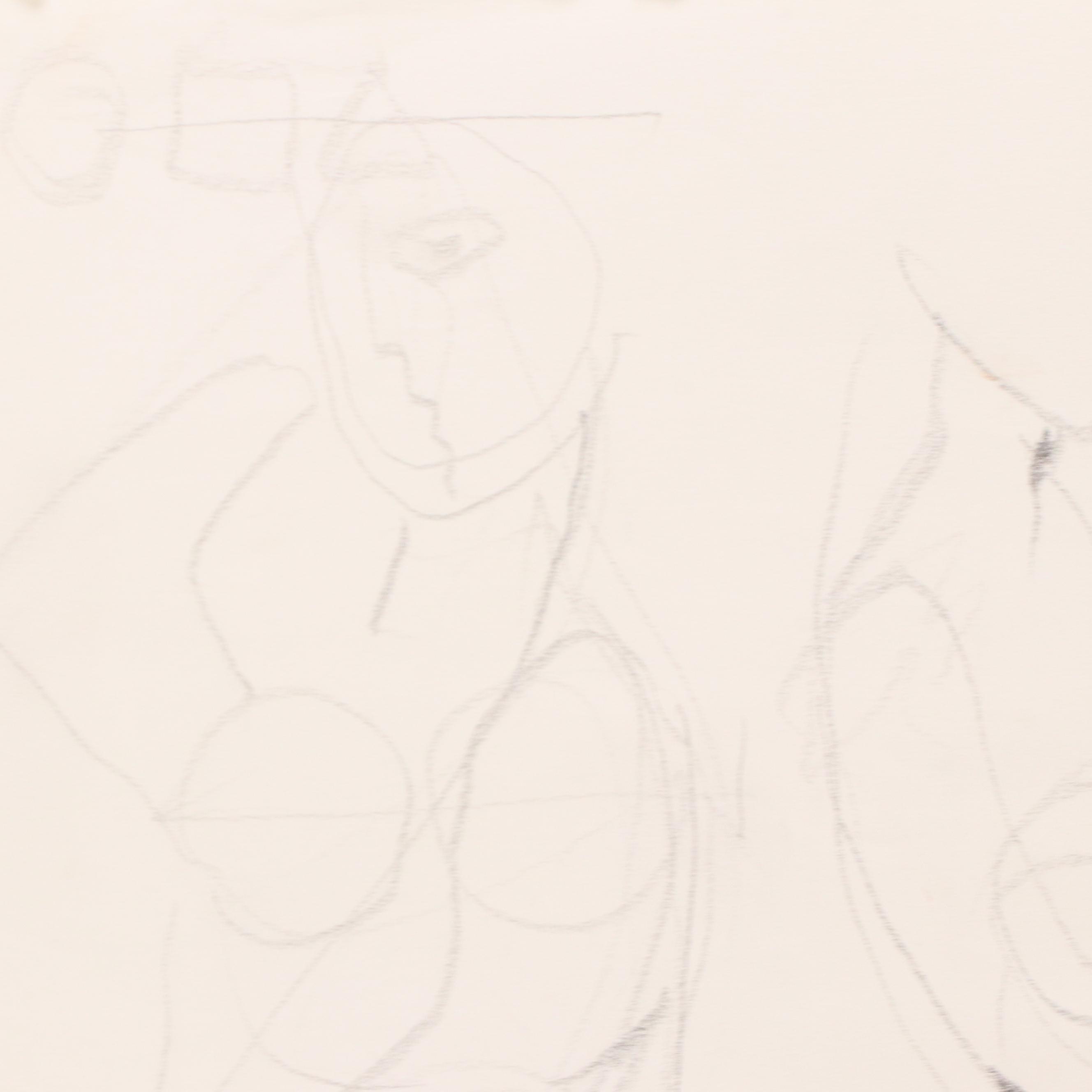 Jack Meanwell Mixed Media Stylized Figural Composition Drawing, 1997