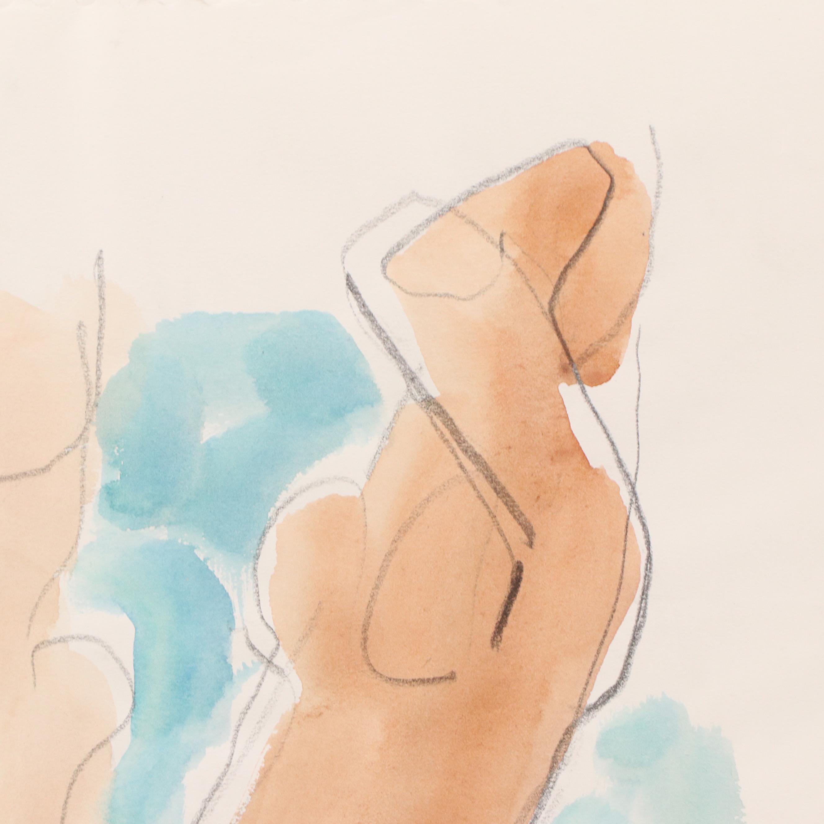 Jack Meanwell Mixed Media Stylized Figural Composition Drawing, 1997