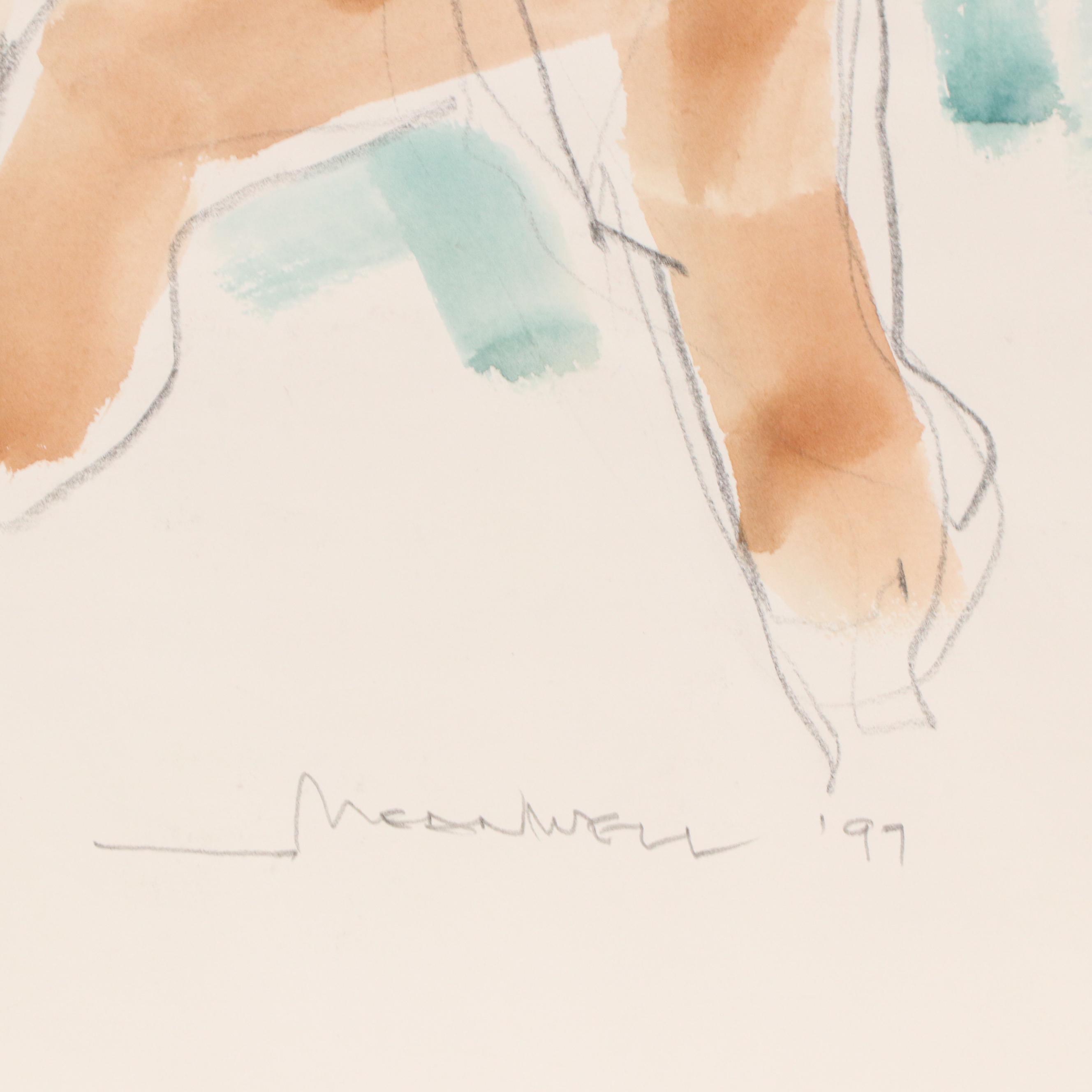 Jack Meanwell Mixed Media Stylized Figural Composition Drawing, 1997