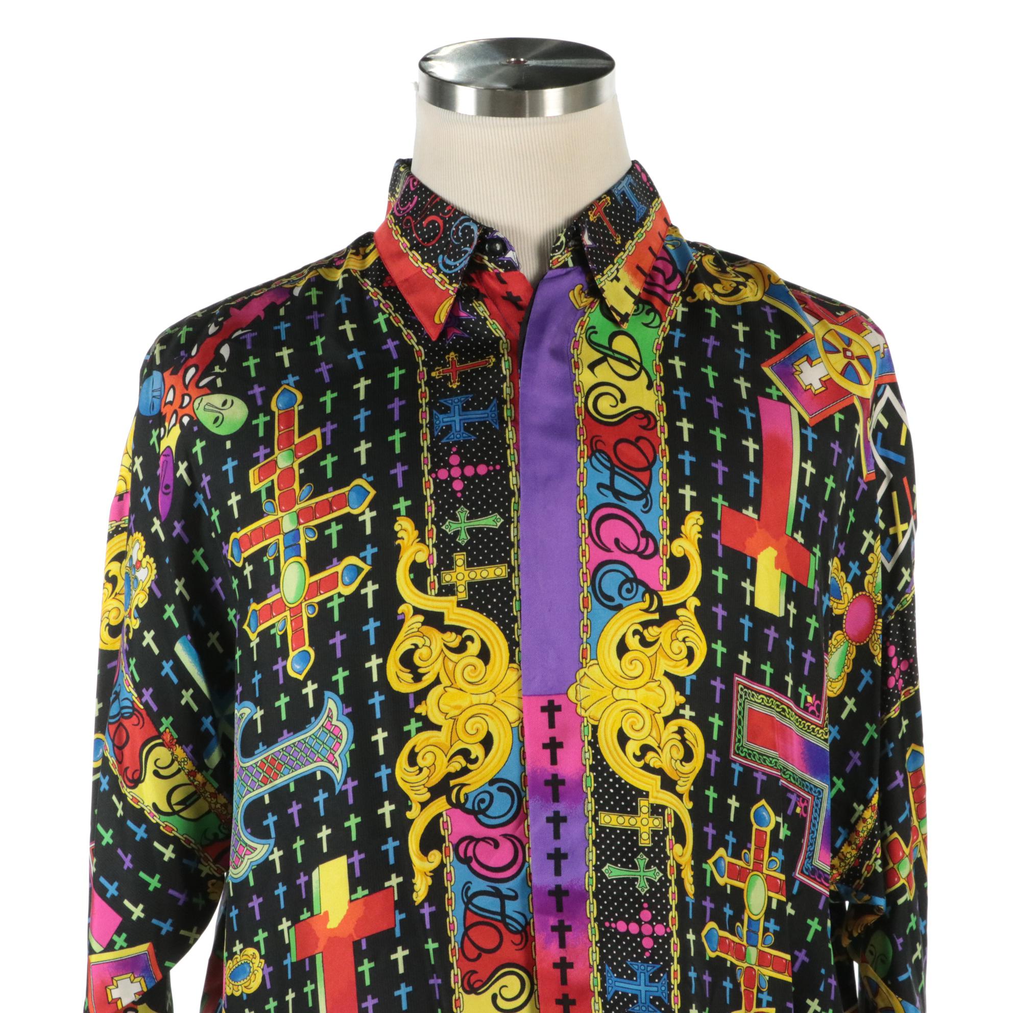 Men's Gianni Versace The Crosses Print Silk Button Down Shirt