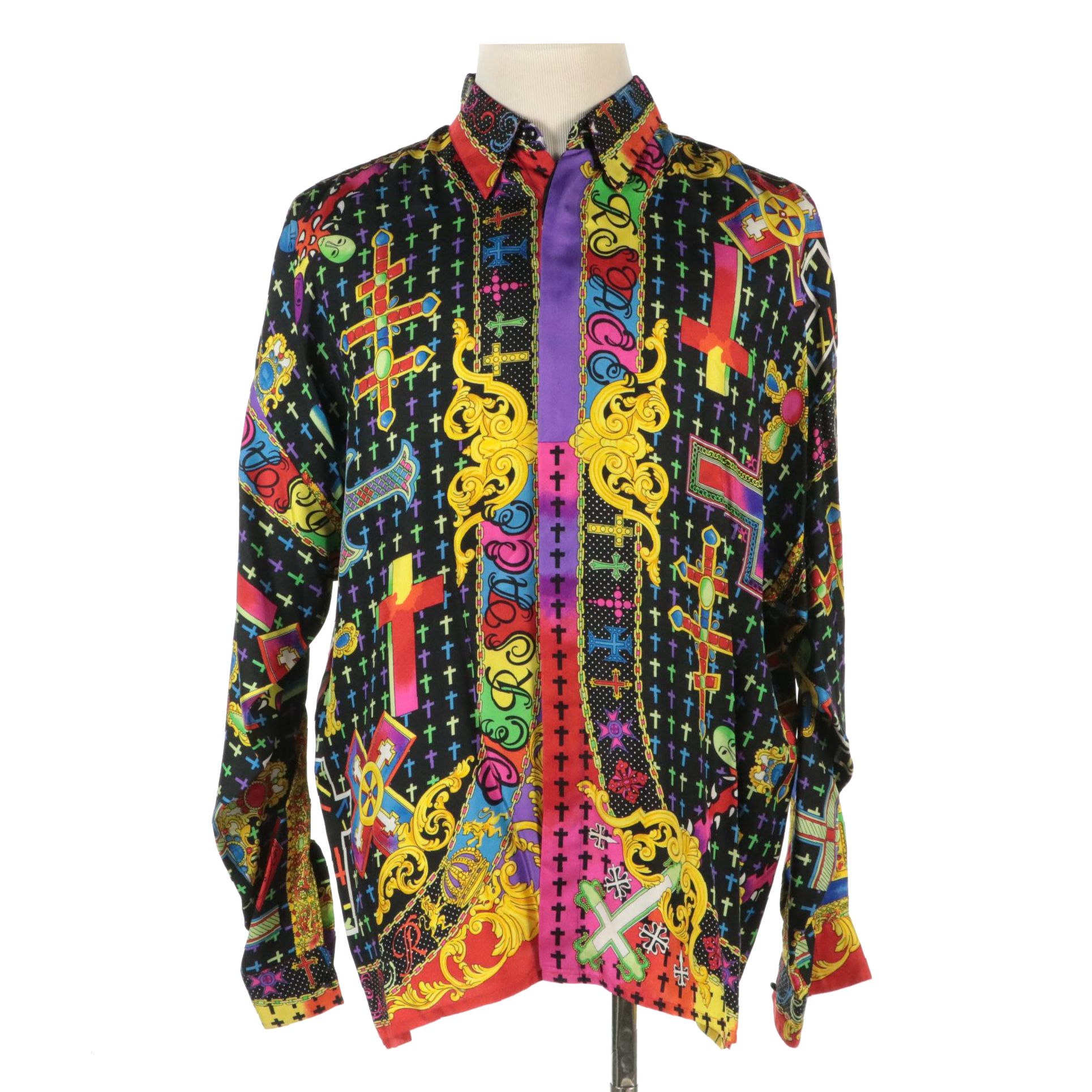 Men's Gianni Versace The Crosses Print Silk Button Down Shirt