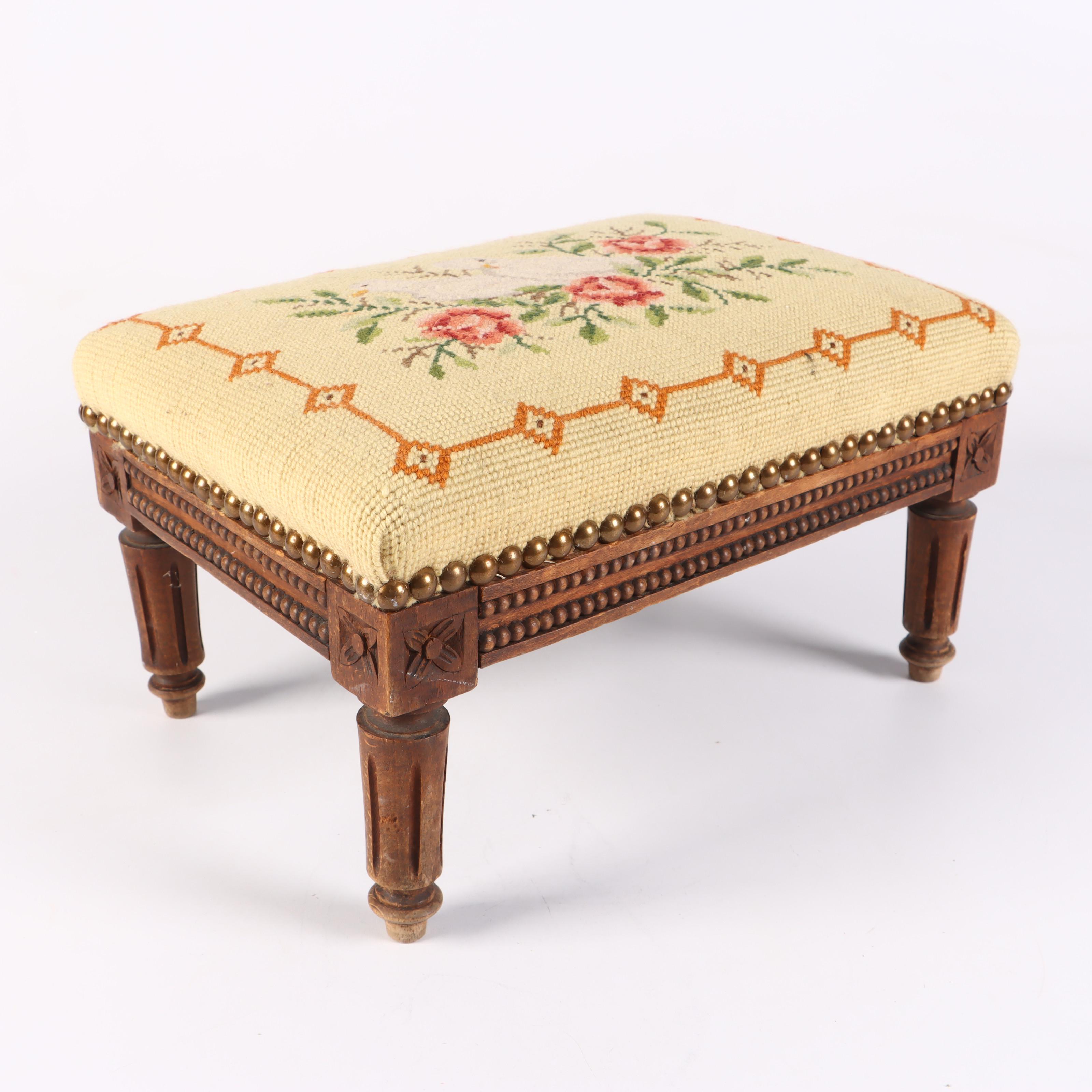 Victorian Carved Wood Footstool with Needlepoint Cushion