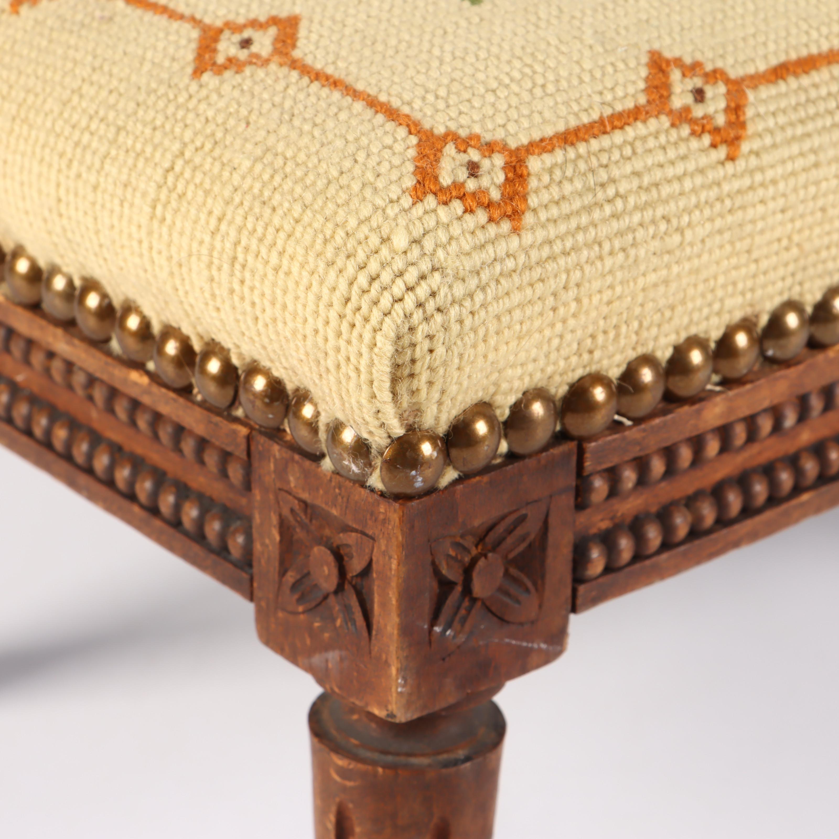 Victorian Carved Wood Footstool with Needlepoint Cushion