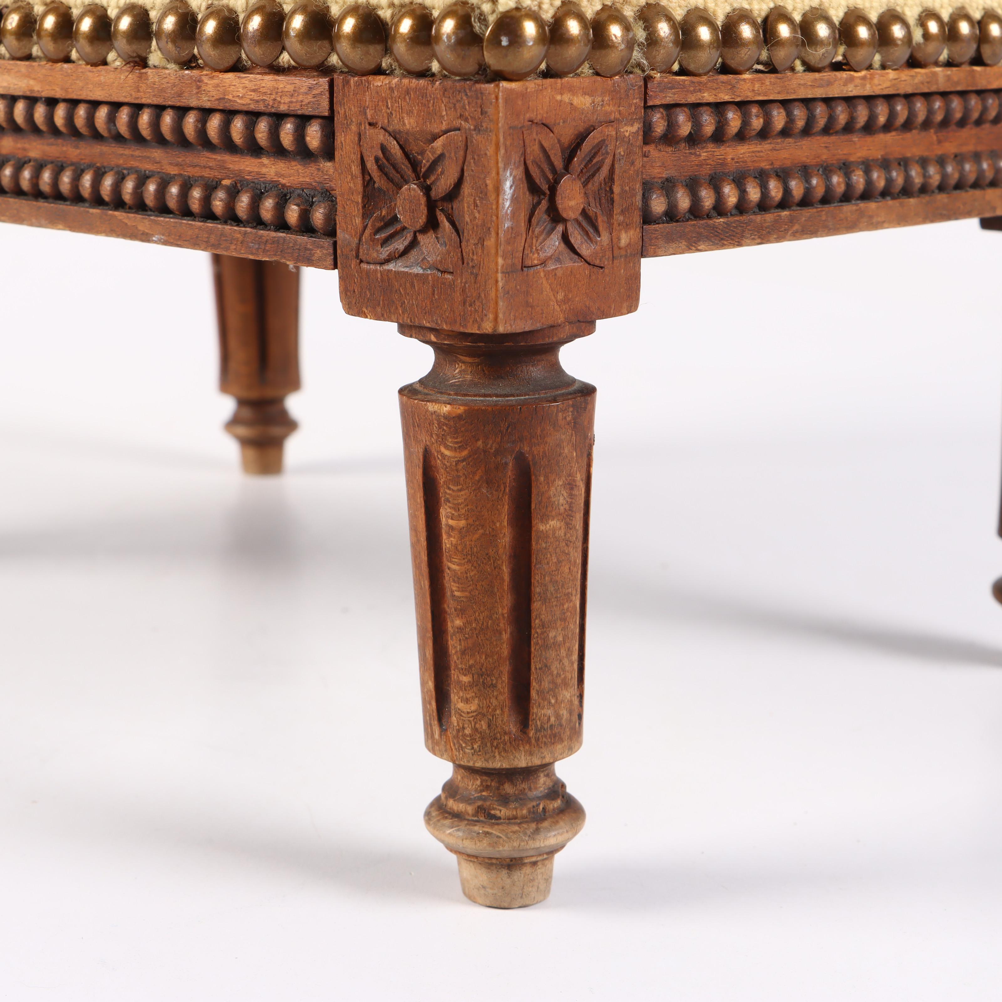 Victorian Carved Wood Footstool with Needlepoint Cushion