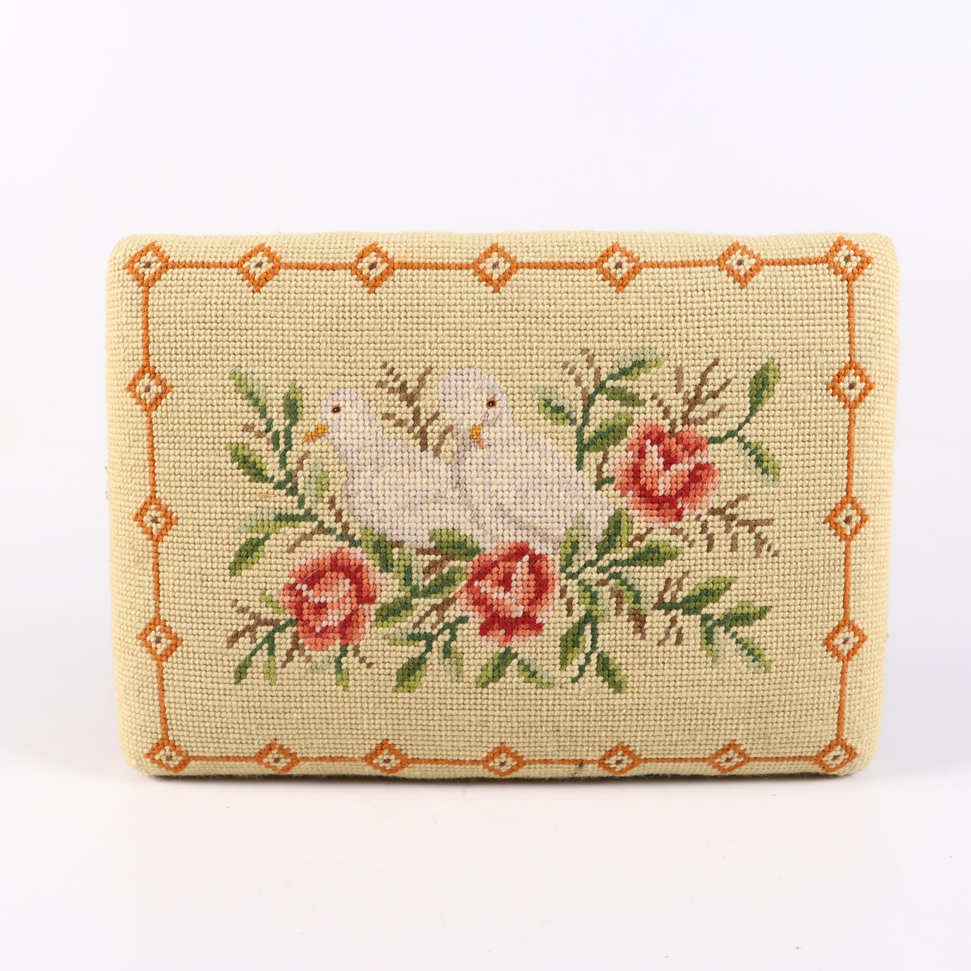 Victorian Carved Wood Footstool with Needlepoint Cushion