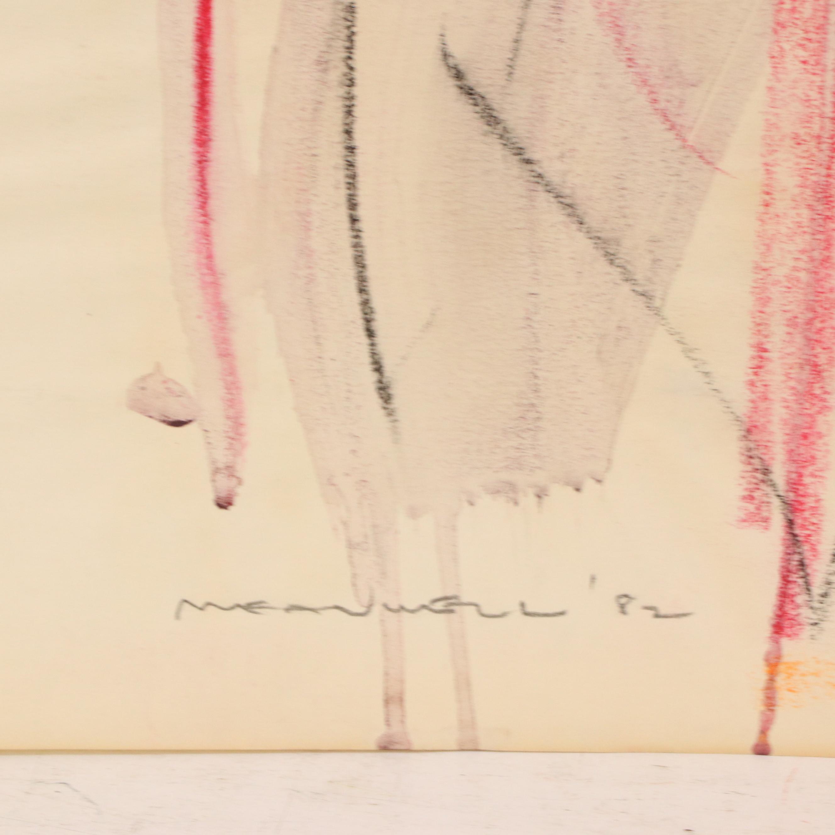 Jack Meanwell Stylized Nude Figure Line Drawing, 1982