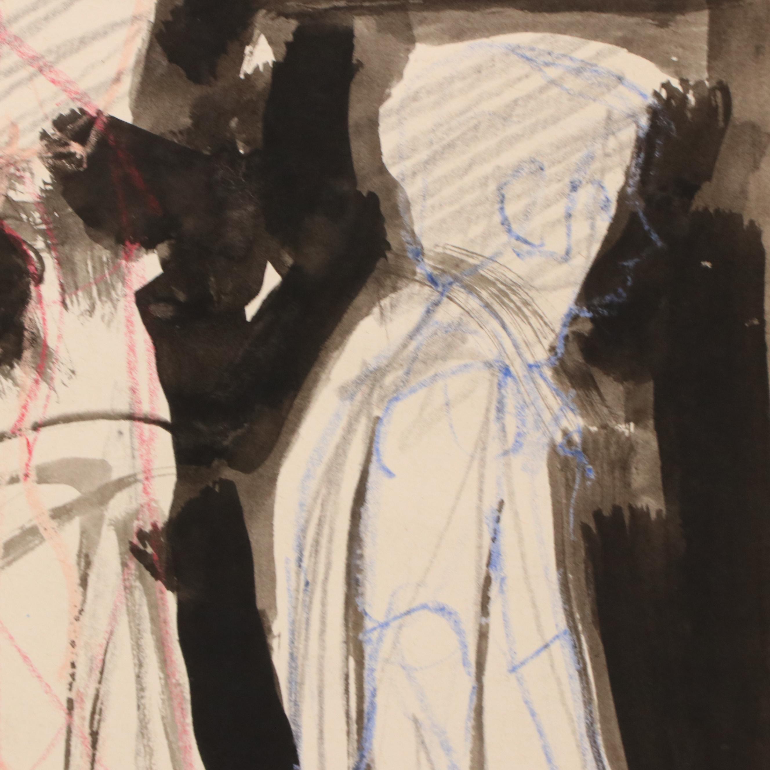 Jack Meanwell Stylized Multi Figure Mixed Media Drawing, 1993