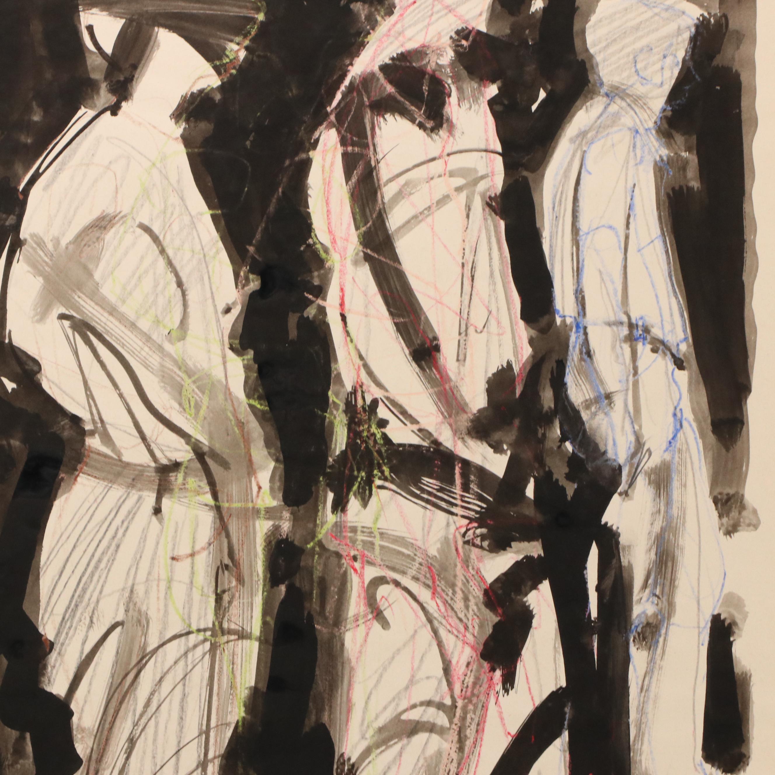 Jack Meanwell Stylized Multi Figure Mixed Media Drawing, 1993