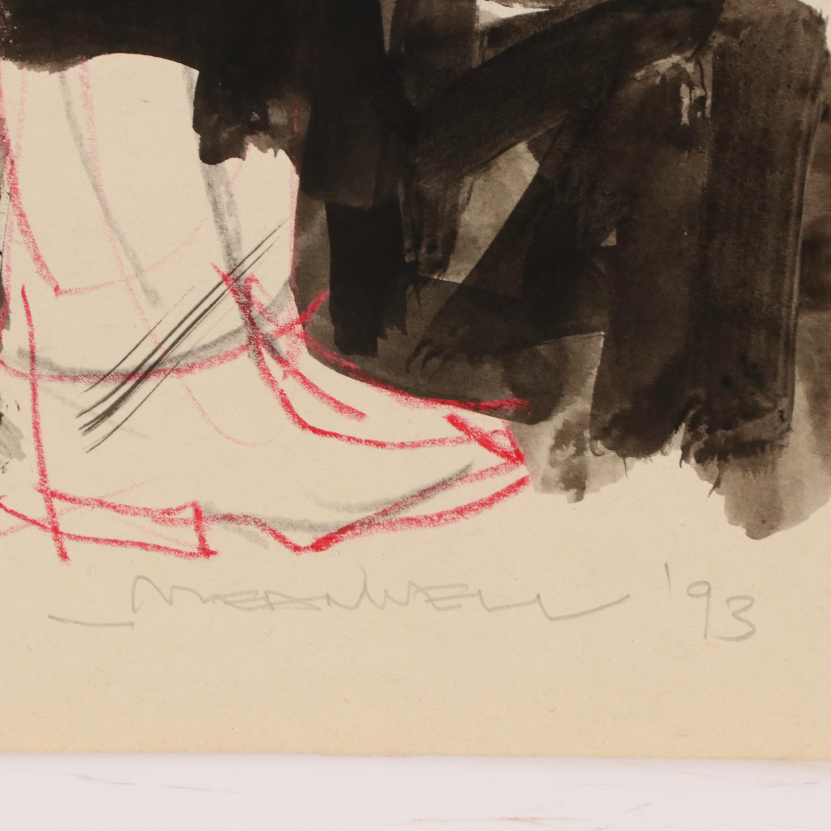 Jack Meanwell Stylized Multi Figure Mixed Media Drawing, 1993