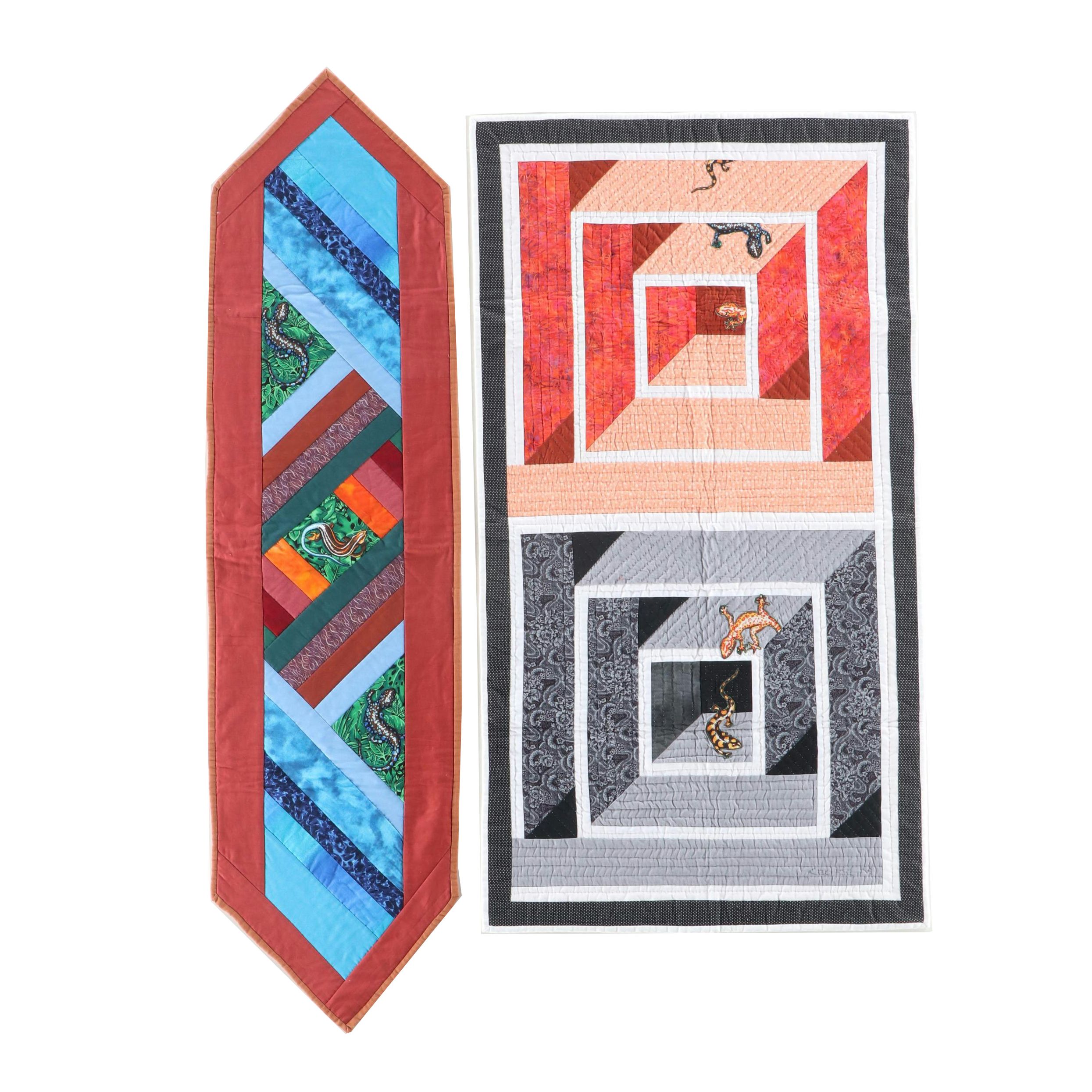 Cacilda Meier Handmade Artisan Quilt/Table Runner "Our Lizard," "Curious Cubist"
