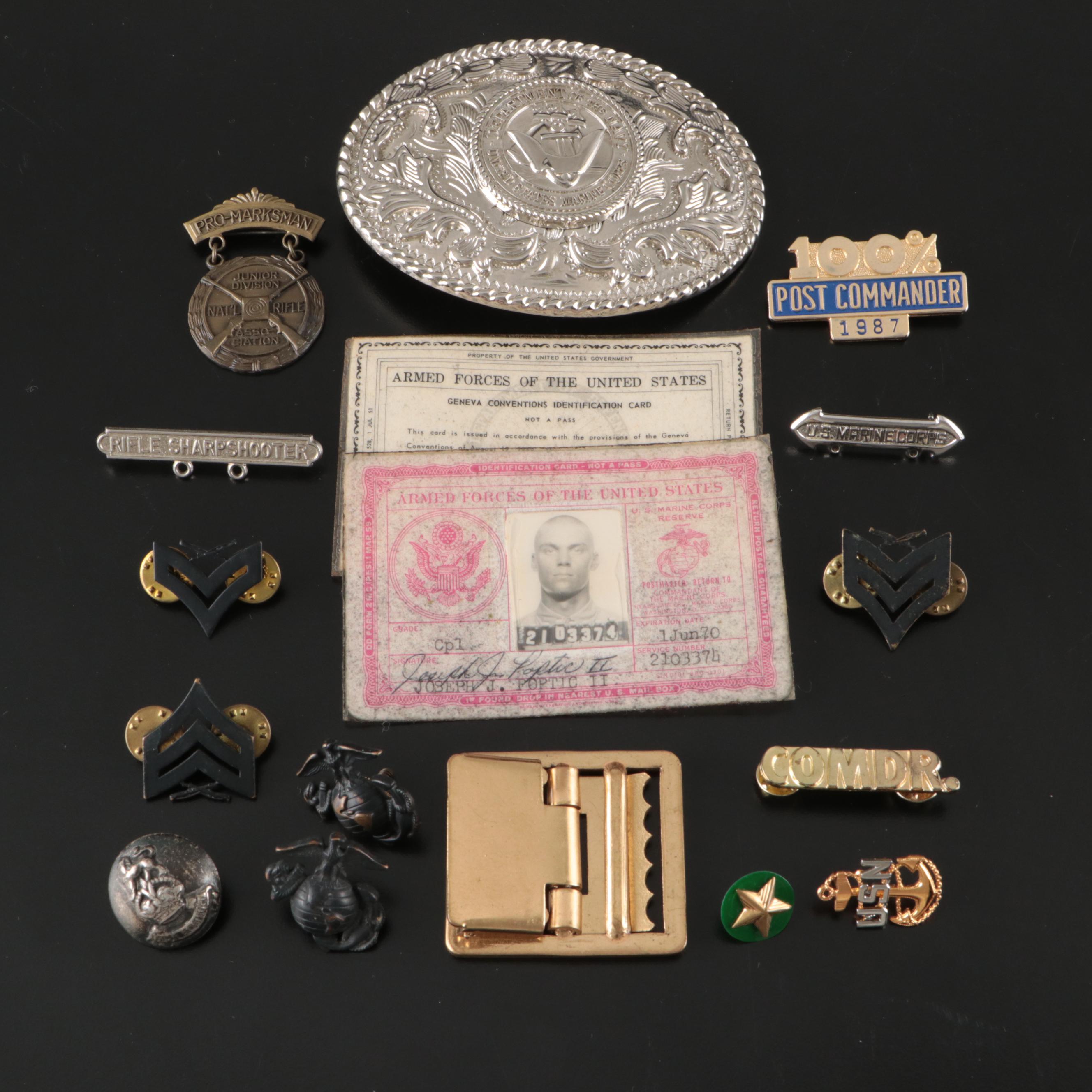 Vietnam War Era Marine Corps ID Cards with Pins, Belt Buckles and More