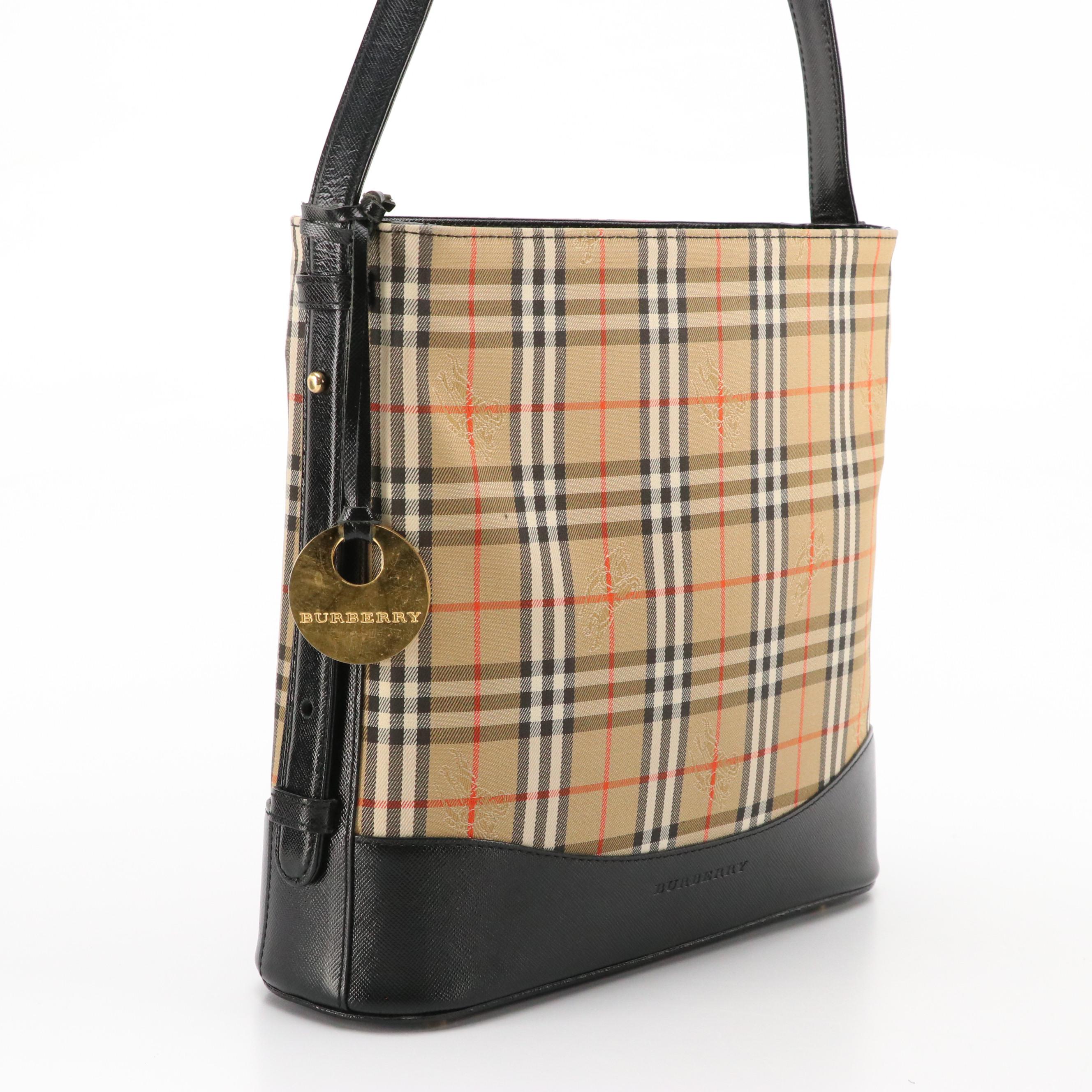 Burberry Haymarket Check Canvas Shoulder Bag with Black Leather Trim