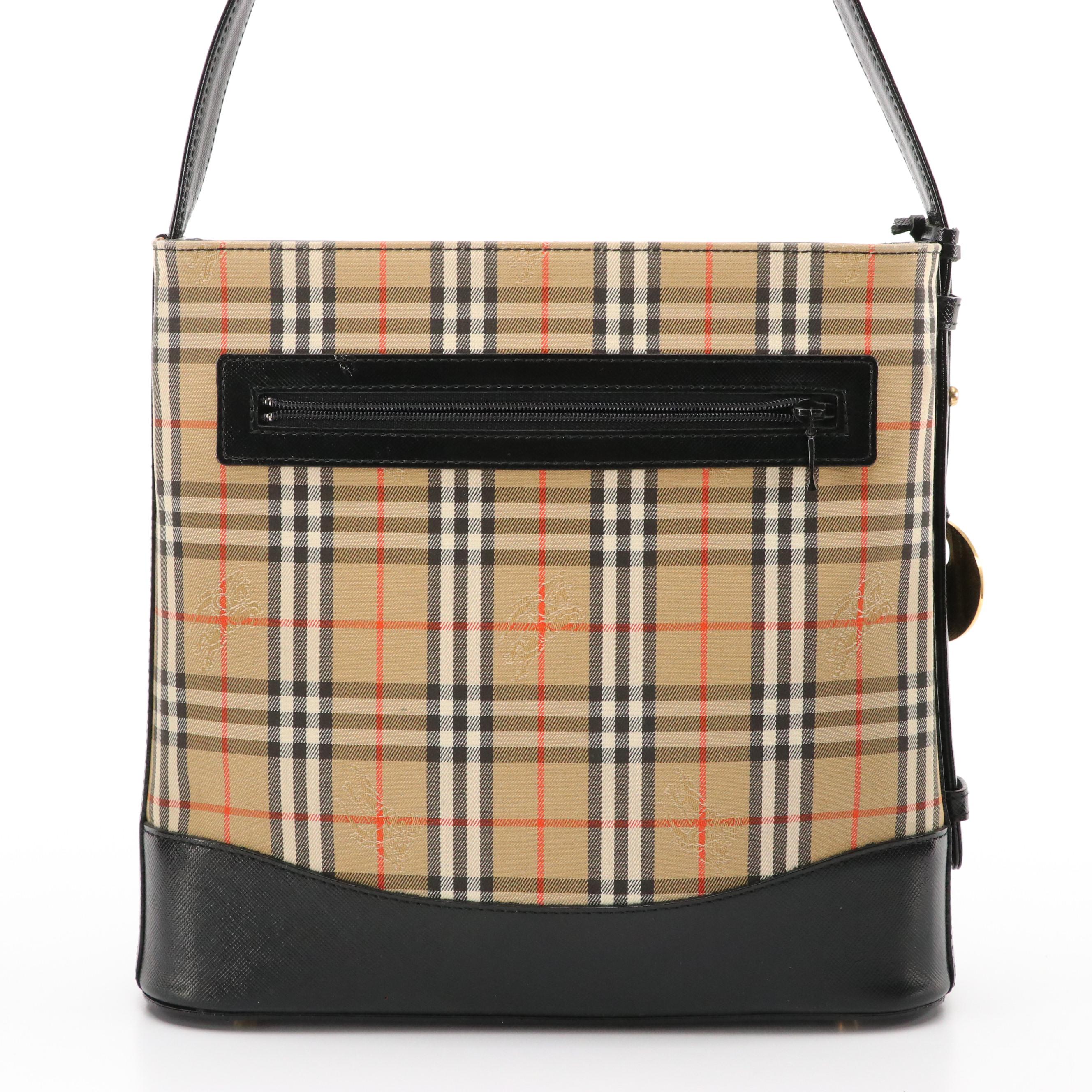 Burberry Haymarket Check Canvas Shoulder Bag with Black Leather Trim