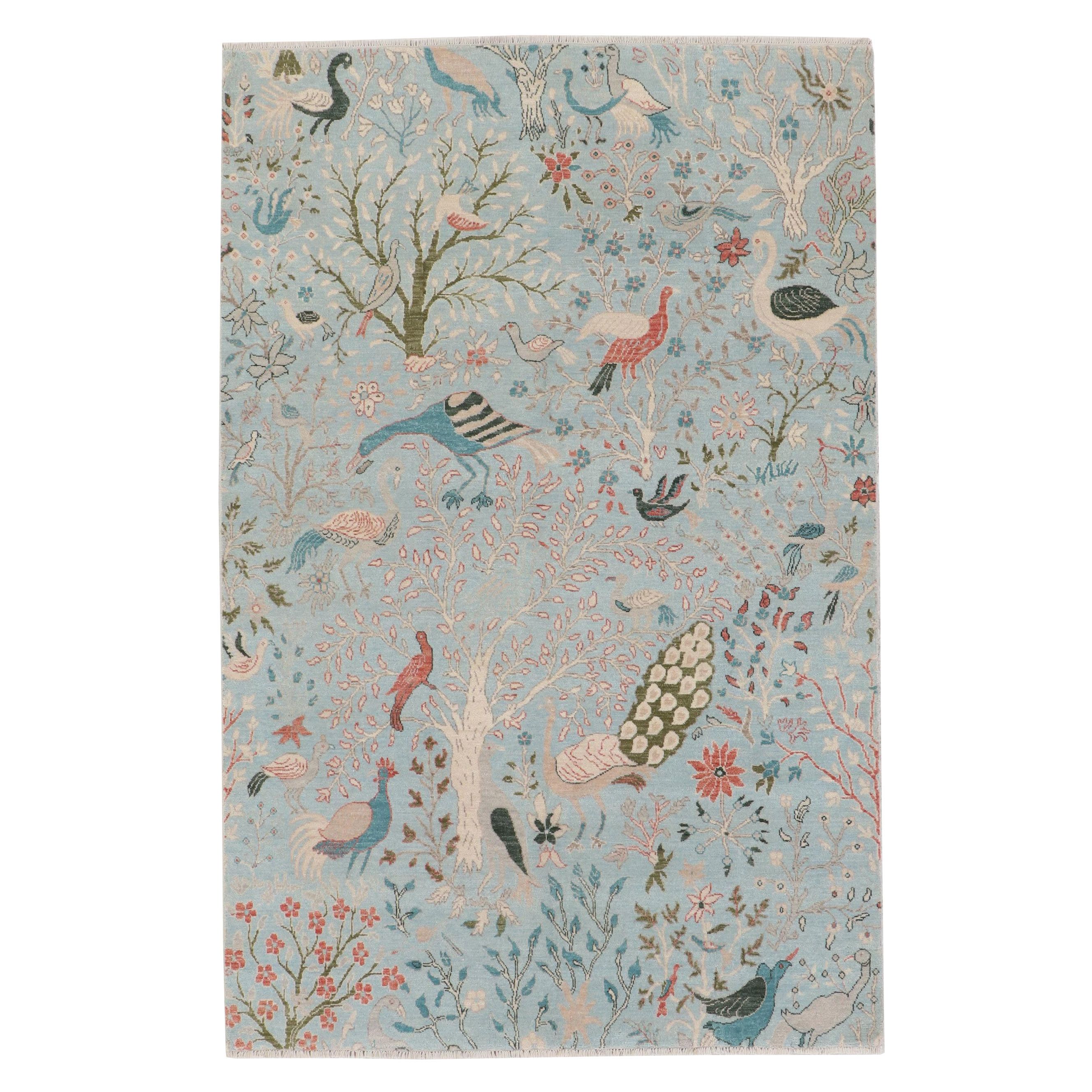 5'11 x 9'3 Hand-Knotted Indo-Persian Pictorial Birds of Paradise Area Rug