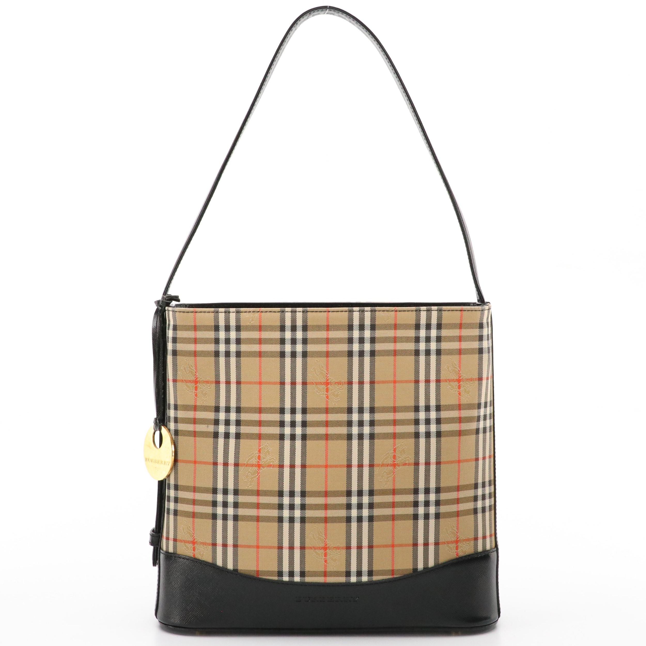 Burberry Haymarket Check Canvas Shoulder Bag with Black Leather Trim