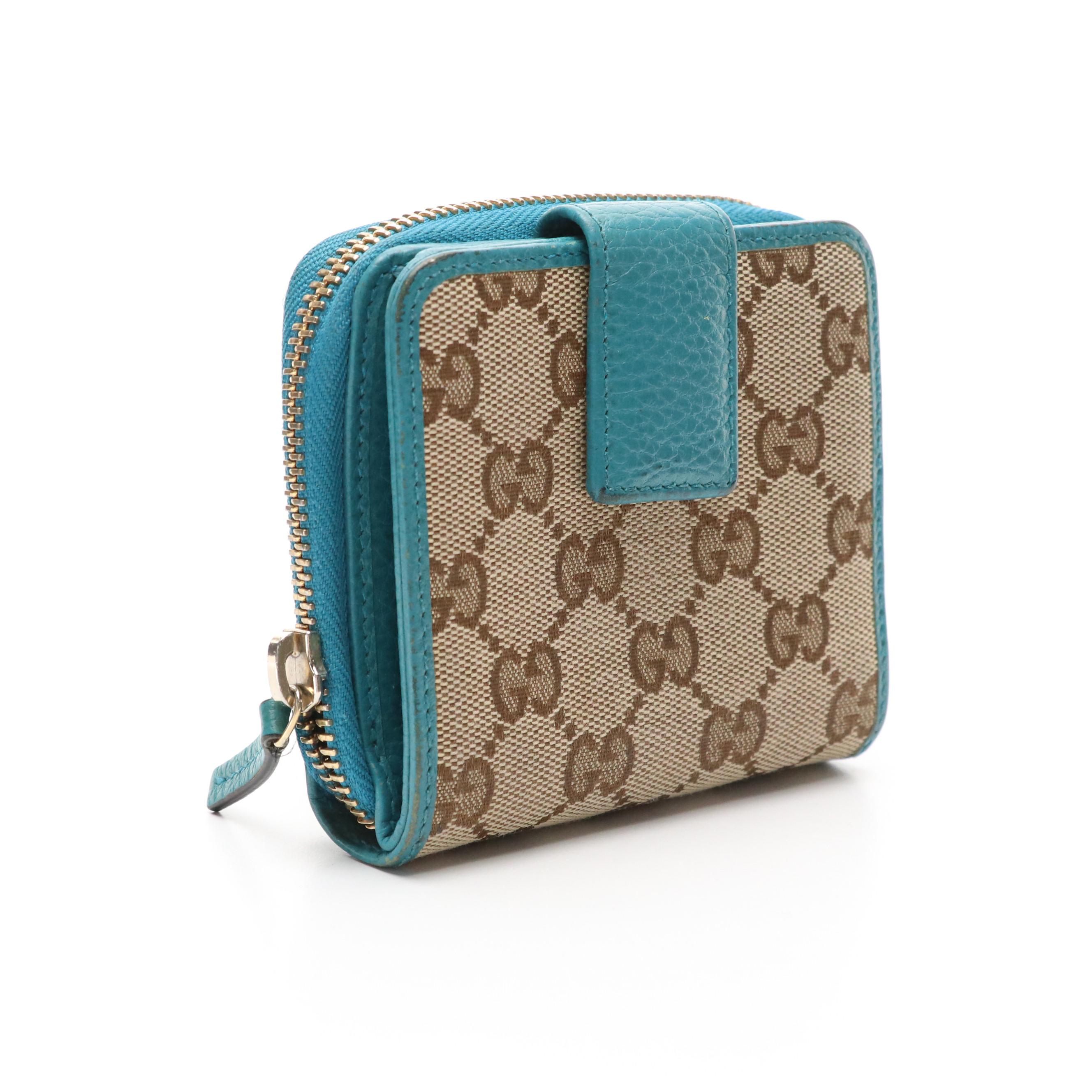 Gucci Compact Zip Wallet in Monogram Canvas and Teal Grained Leather