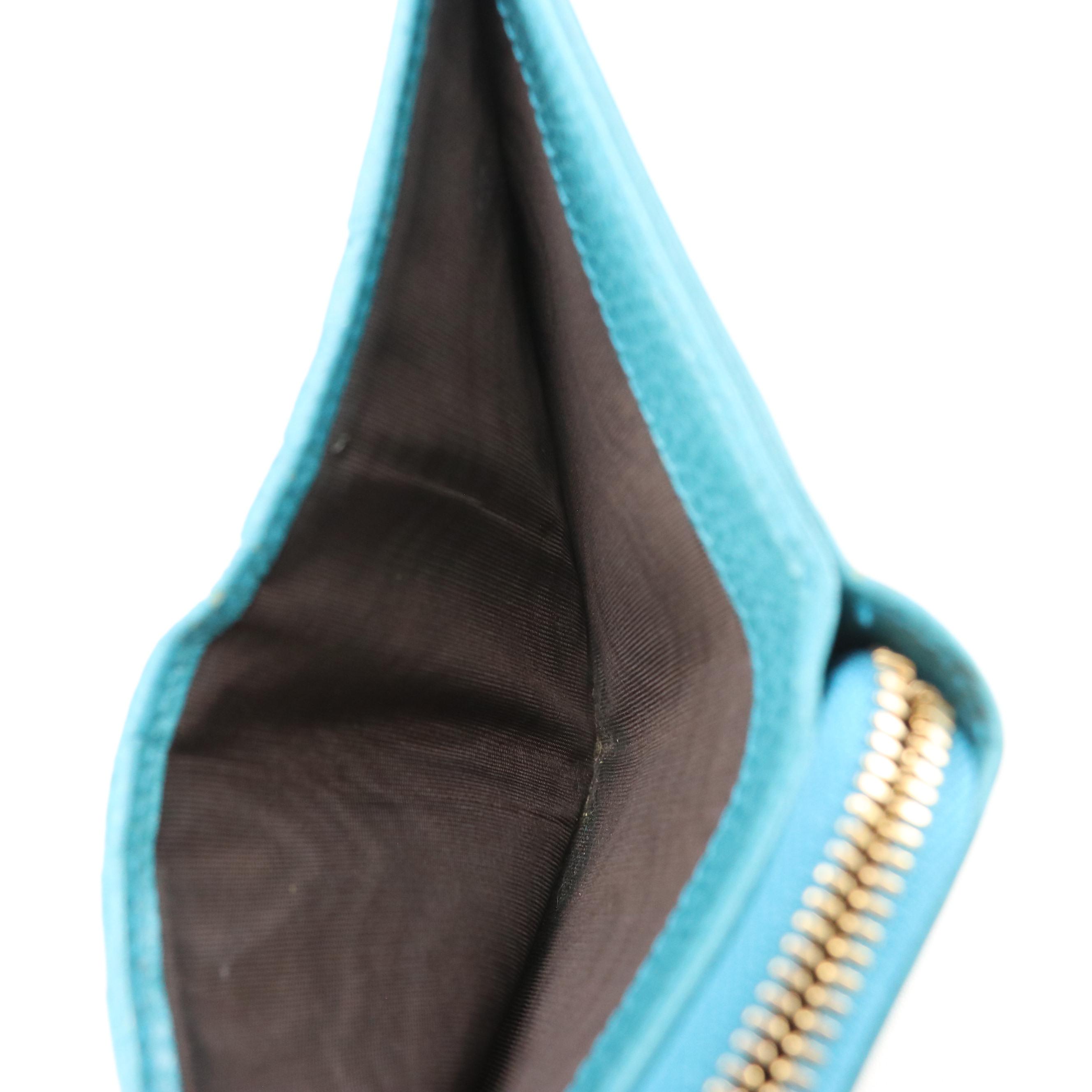 Gucci Compact Zip Wallet in Monogram Canvas and Teal Grained Leather