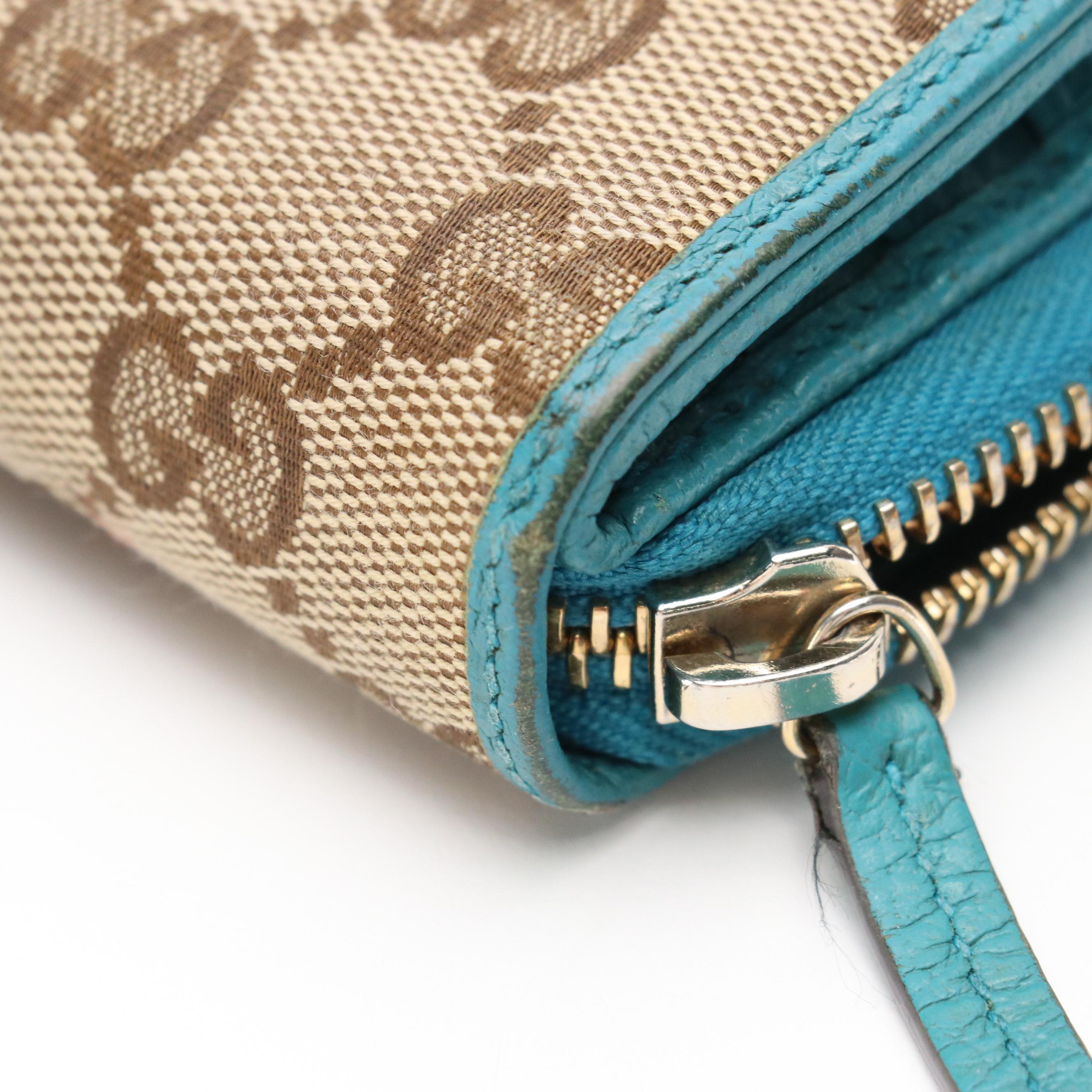 Gucci Compact Zip Wallet in Monogram Canvas and Teal Grained Leather