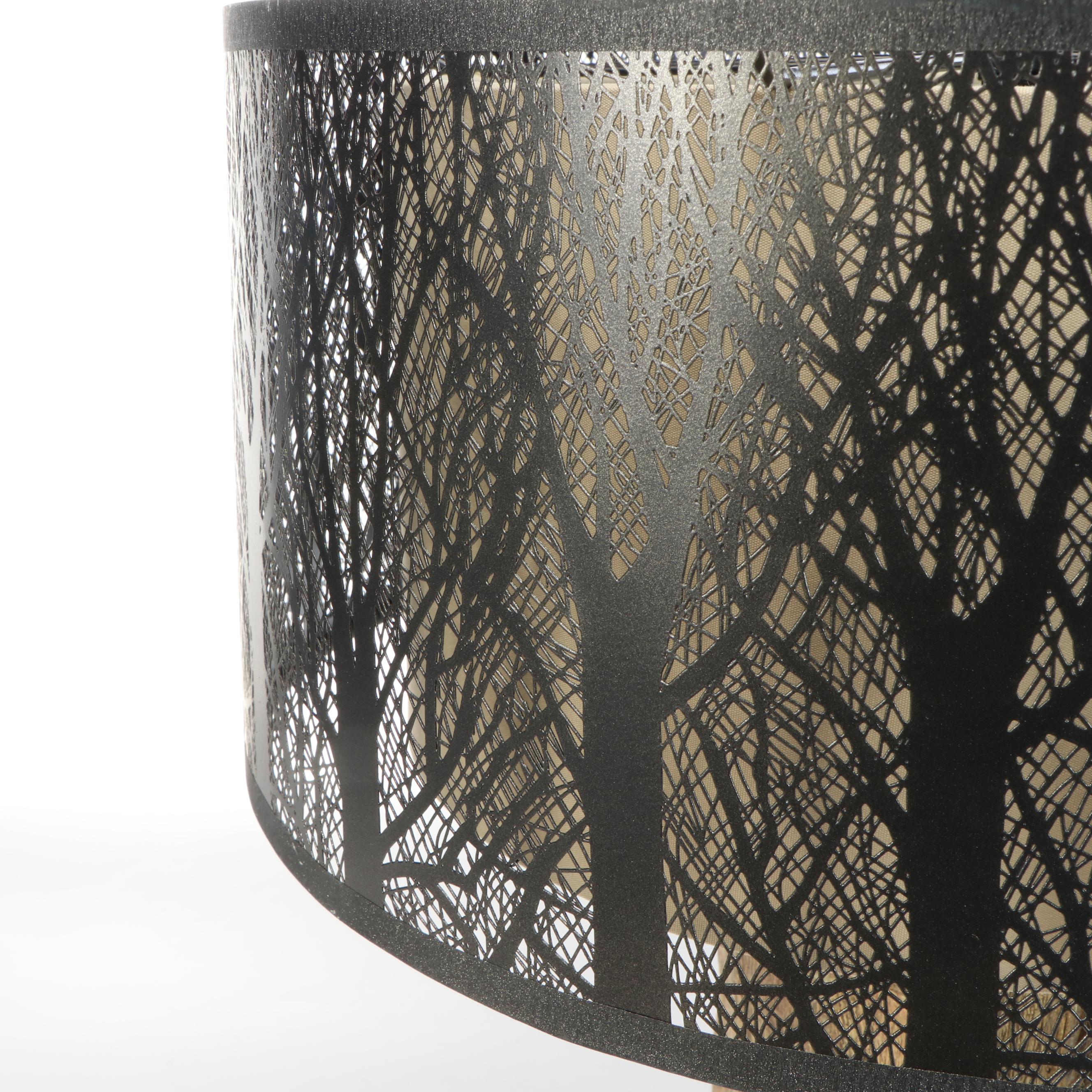 Resin Driftwood Style Table Lamp and Drum Shade with Metal Treeline Silhouette