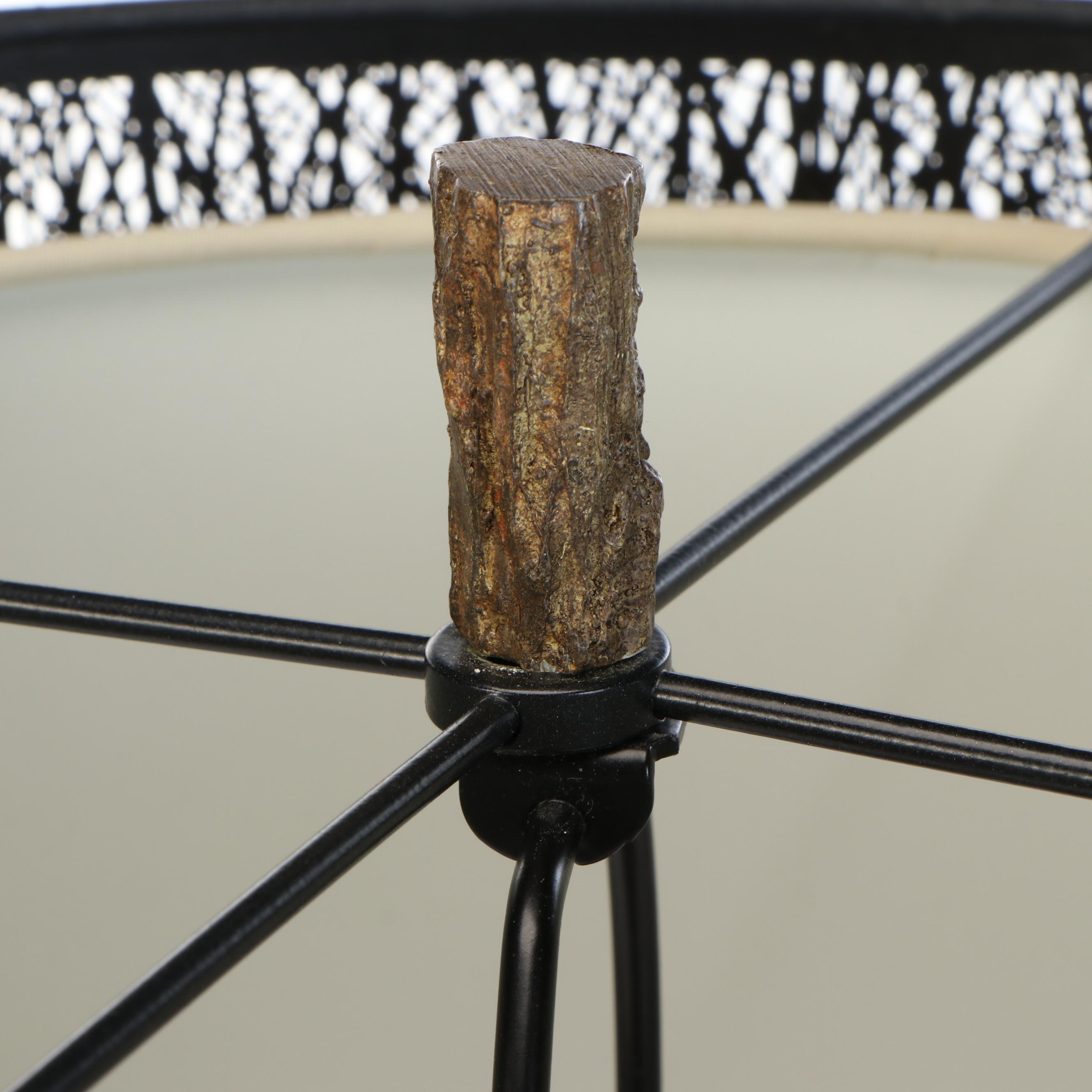 Resin Driftwood Style Table Lamp and Drum Shade with Metal Treeline Silhouette