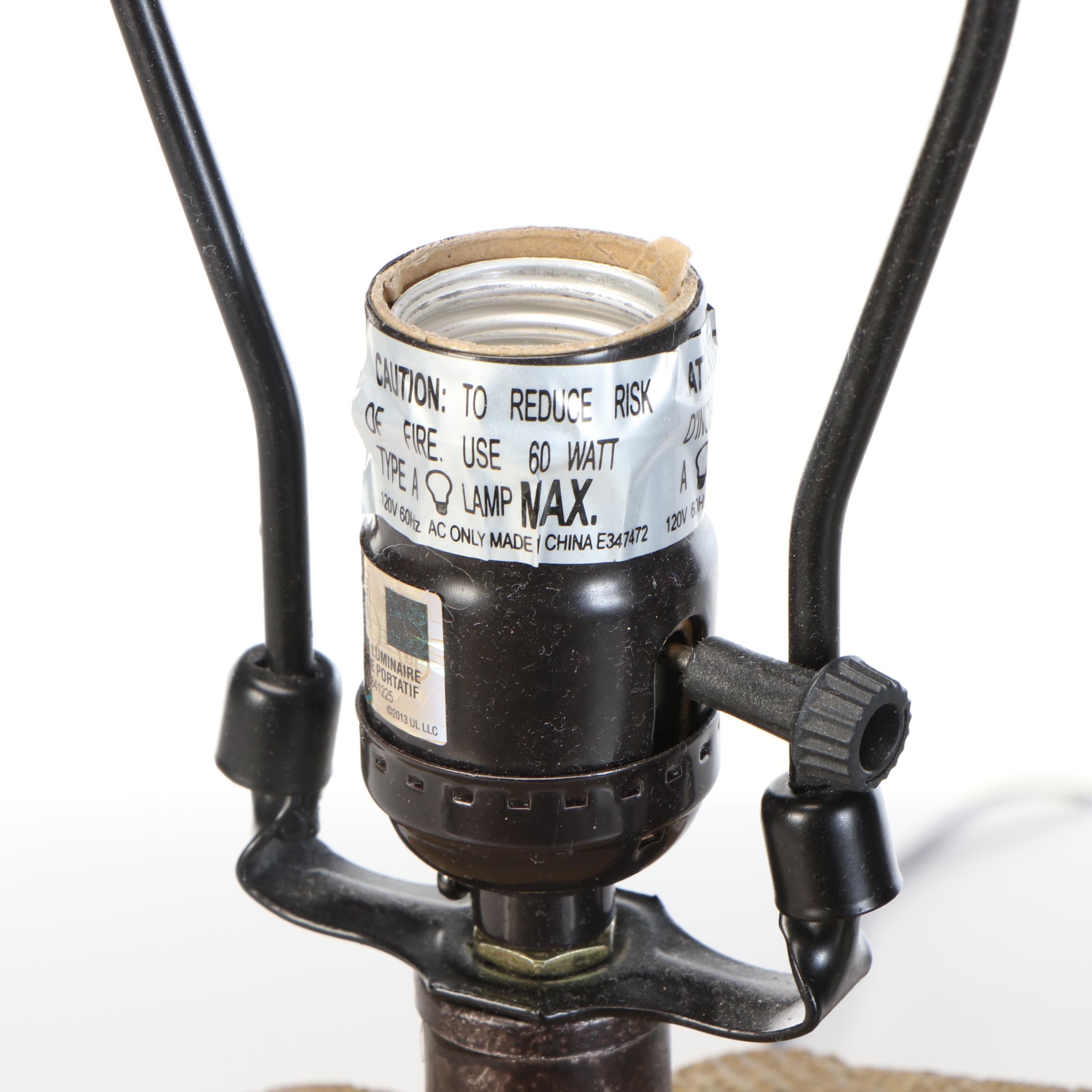 Resin Driftwood Style Table Lamp and Drum Shade with Metal Treeline Silhouette