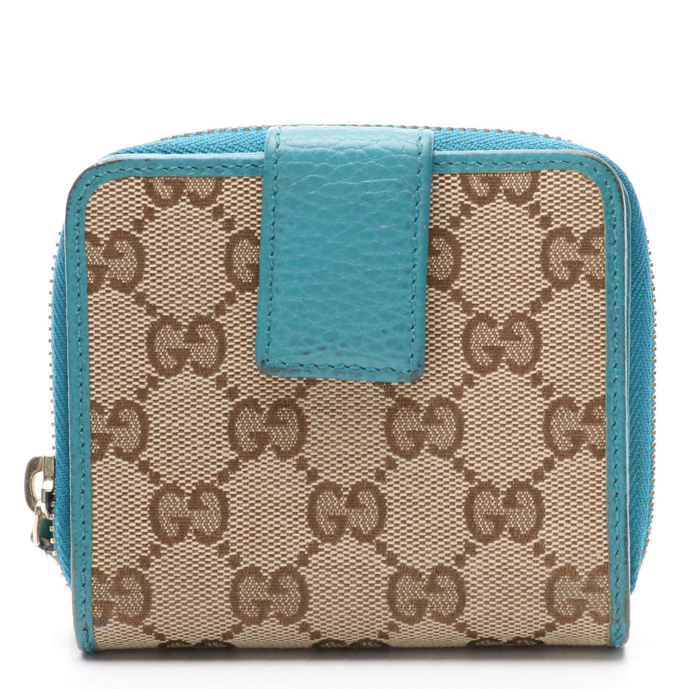 Gucci Compact Zip Wallet in Monogram Canvas and Teal Grained Leather