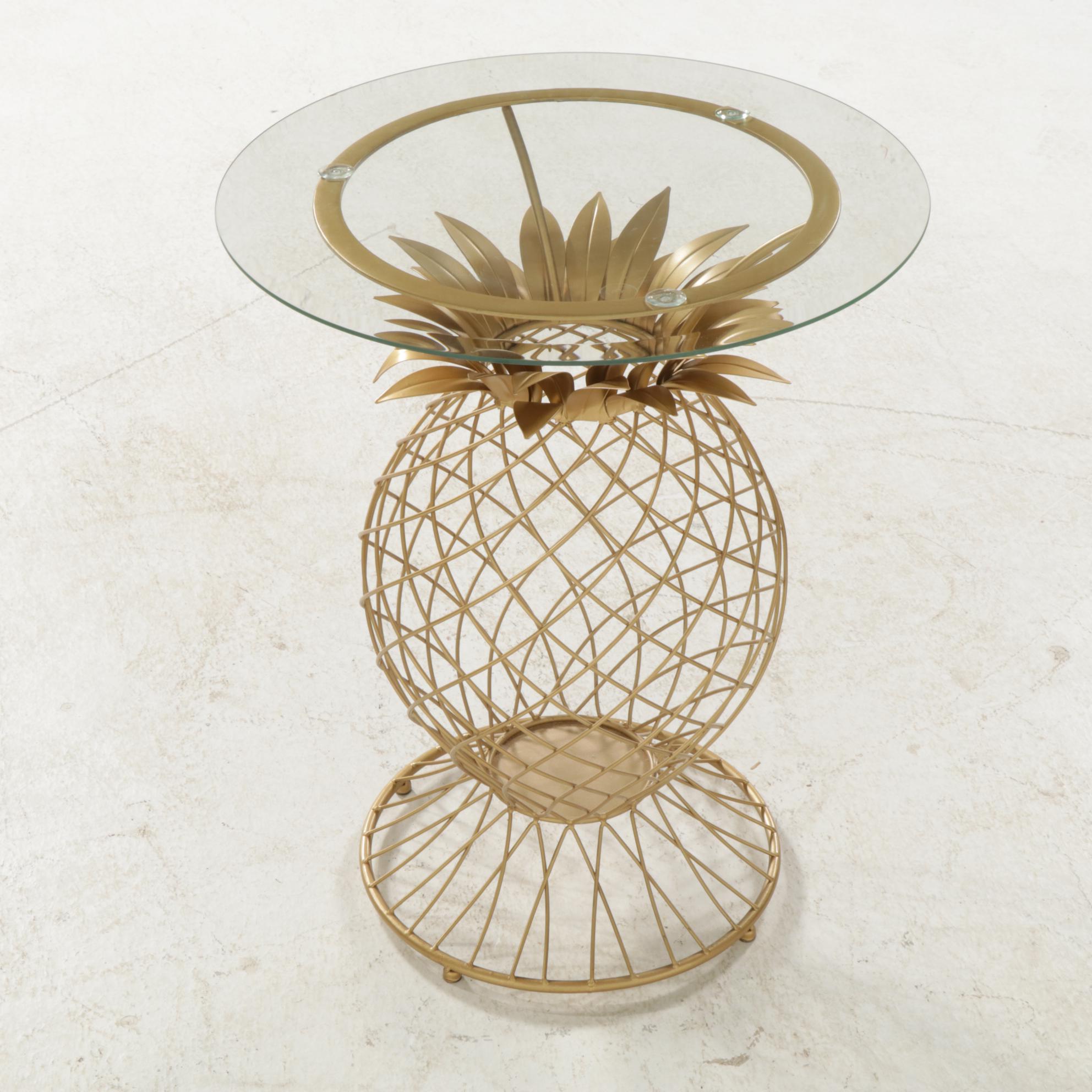 Pineapple Form Metal Glass-Top Side Table