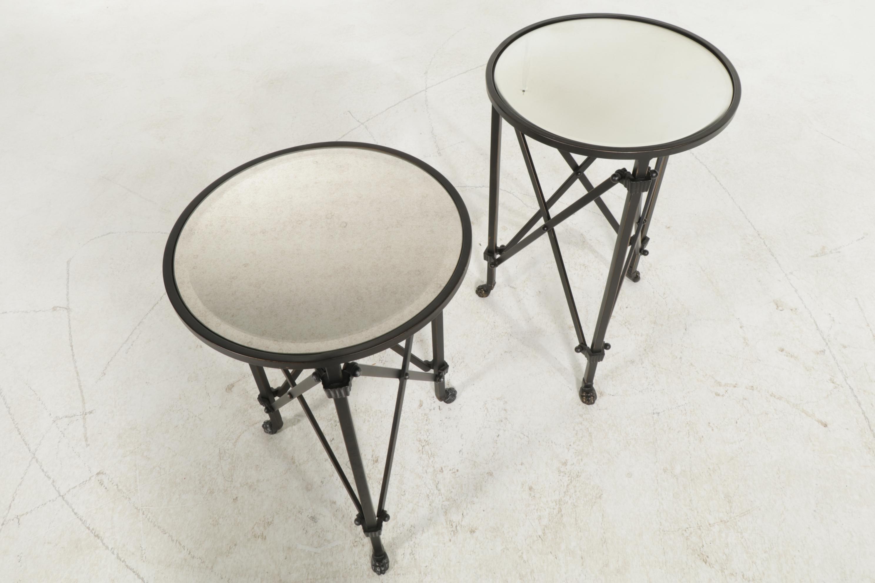 Ballard Designs Industrial Style Metal with Mirrored Glass Top Side Tables, Pair