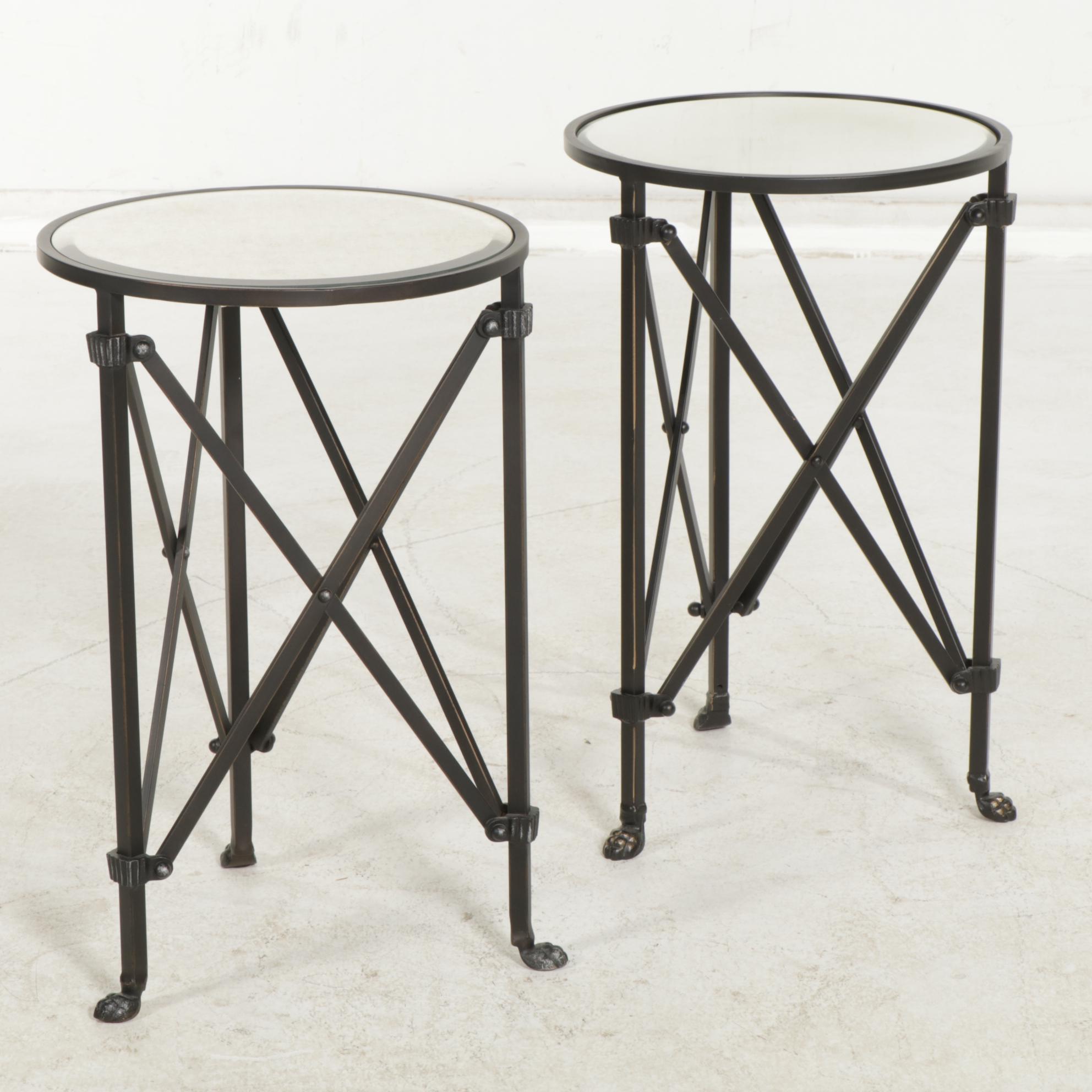 Ballard Designs Industrial Style Metal with Mirrored Glass Top Side Tables, Pair