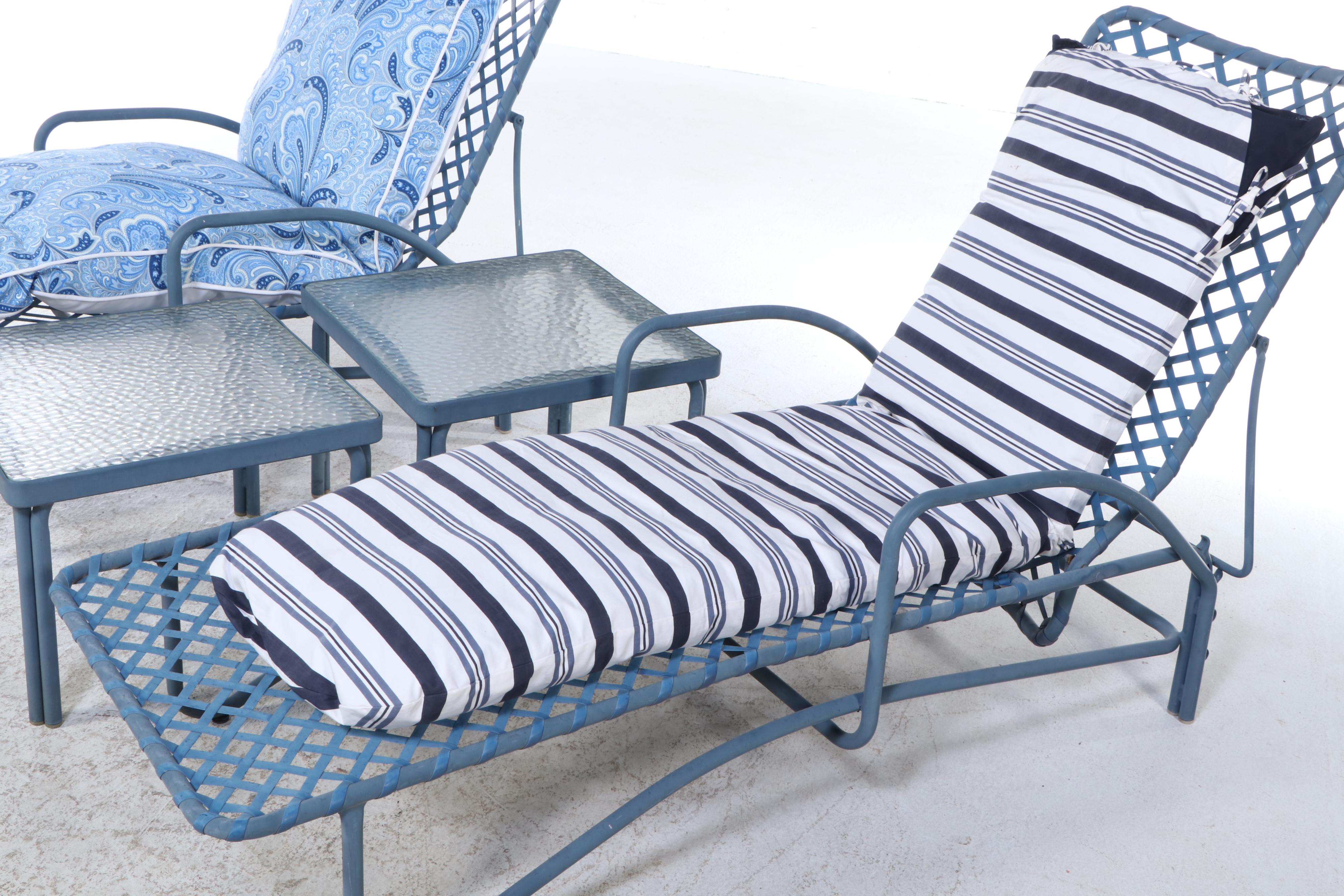 Pair of Brown Jordan Lounge Chairs with Cushions and Side Tables