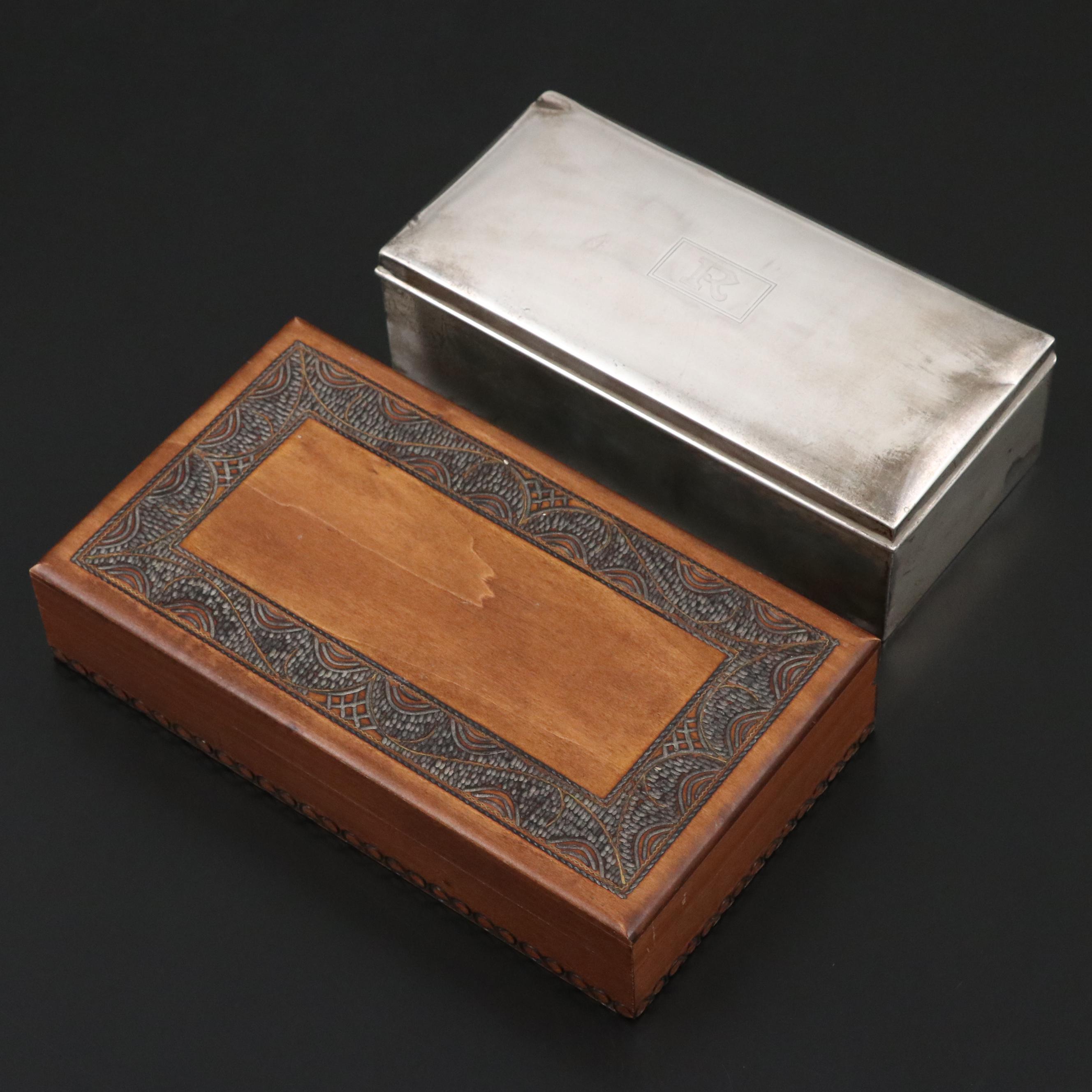 American Sterling Silver Humidor with Hand-Carved Wooden Humidor