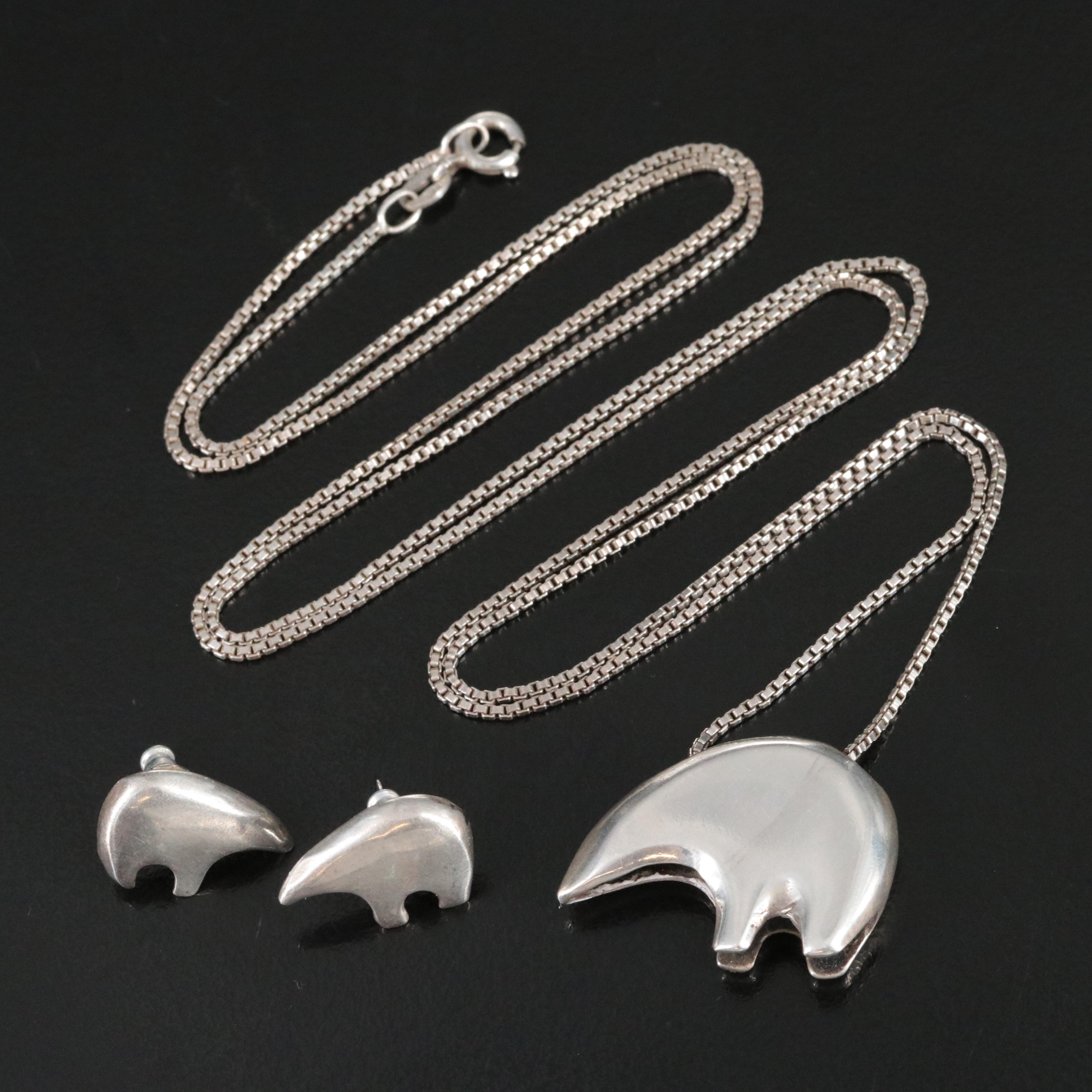 Western Sterling Bear Pendant Necklace and Earrings Set