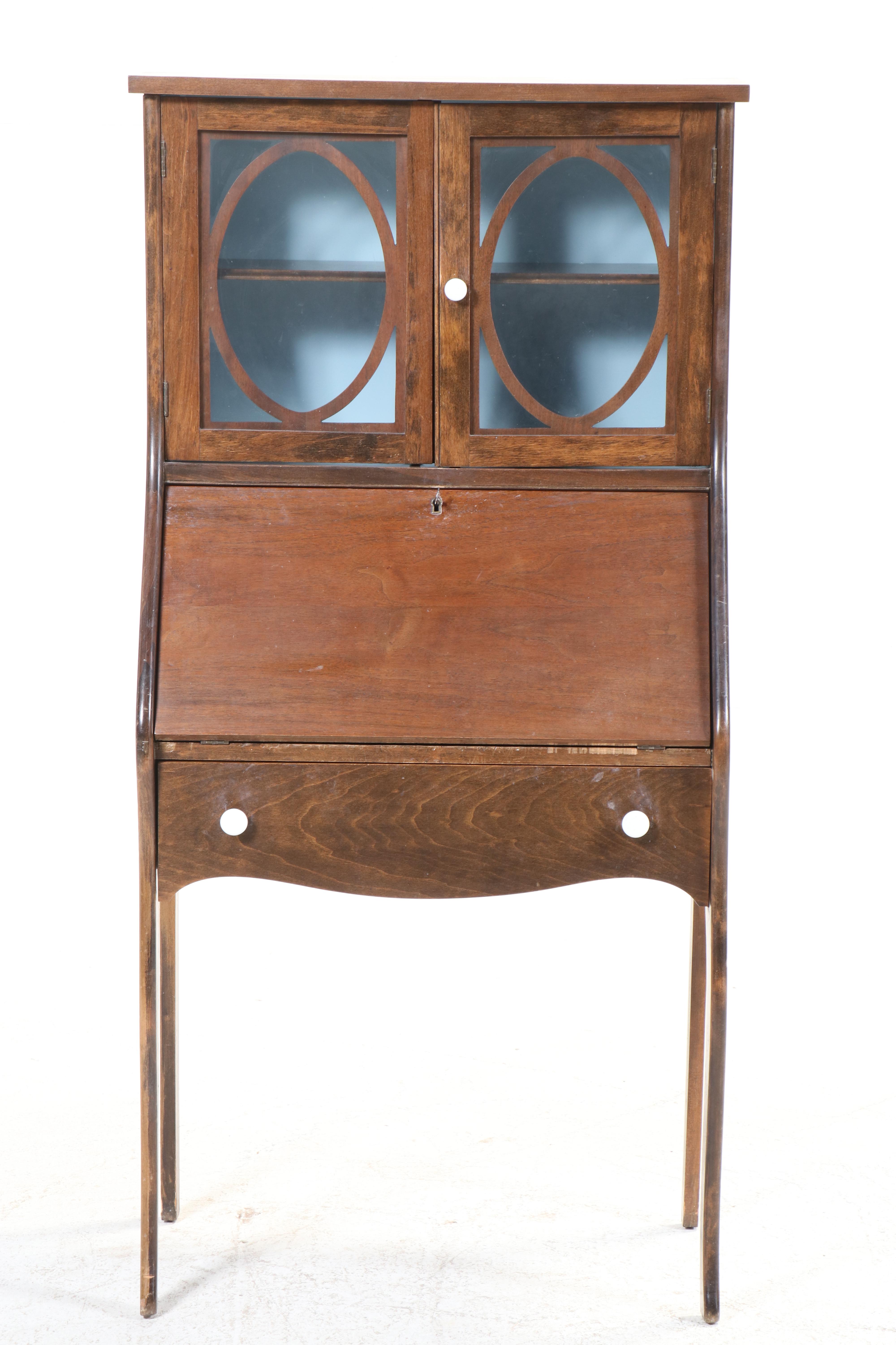 Edwardian Style Tiger Oak Slant Front Secretary Bookcase, Early 20th Century