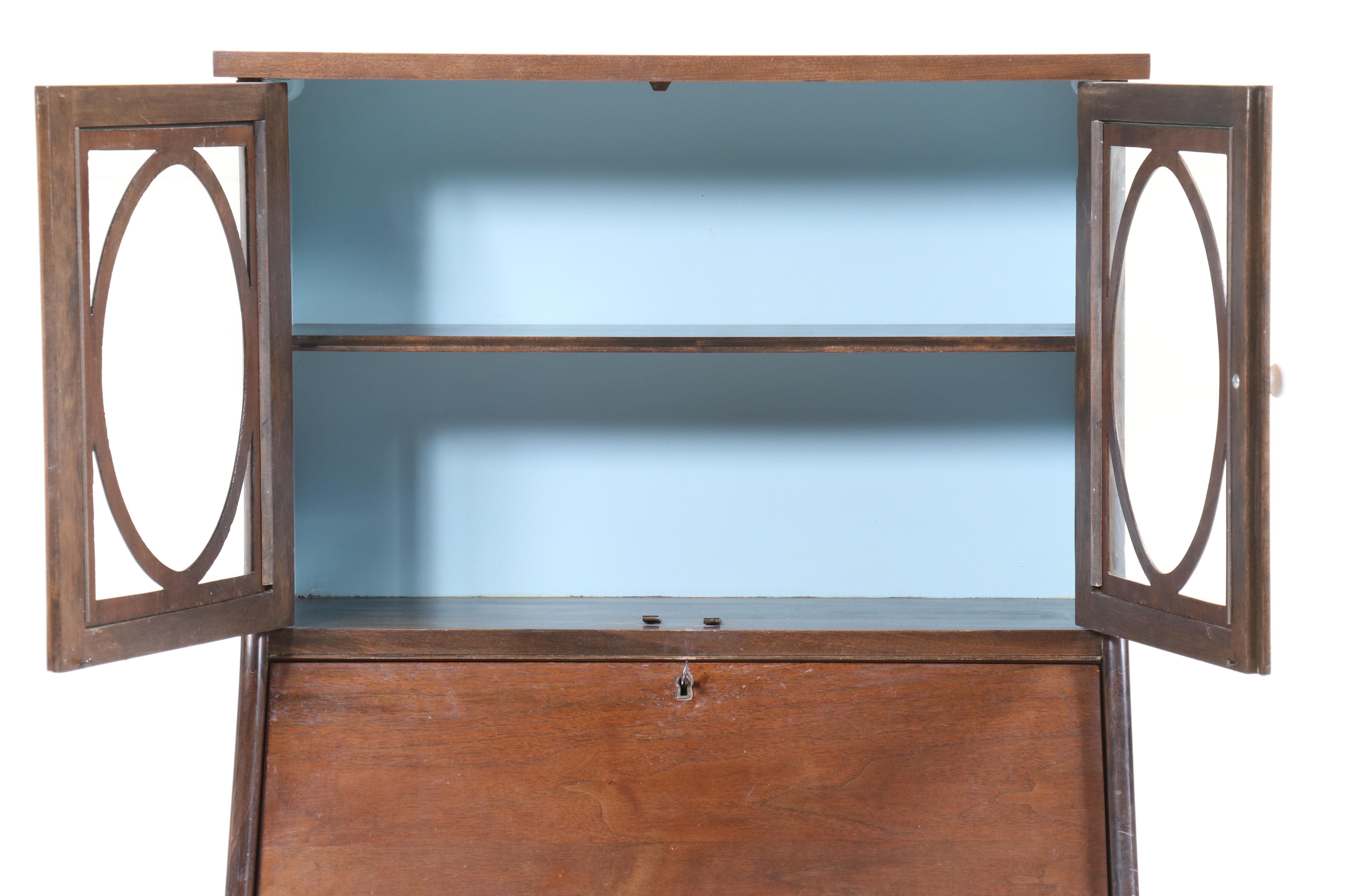 Edwardian Style Tiger Oak Slant Front Secretary Bookcase, Early 20th Century