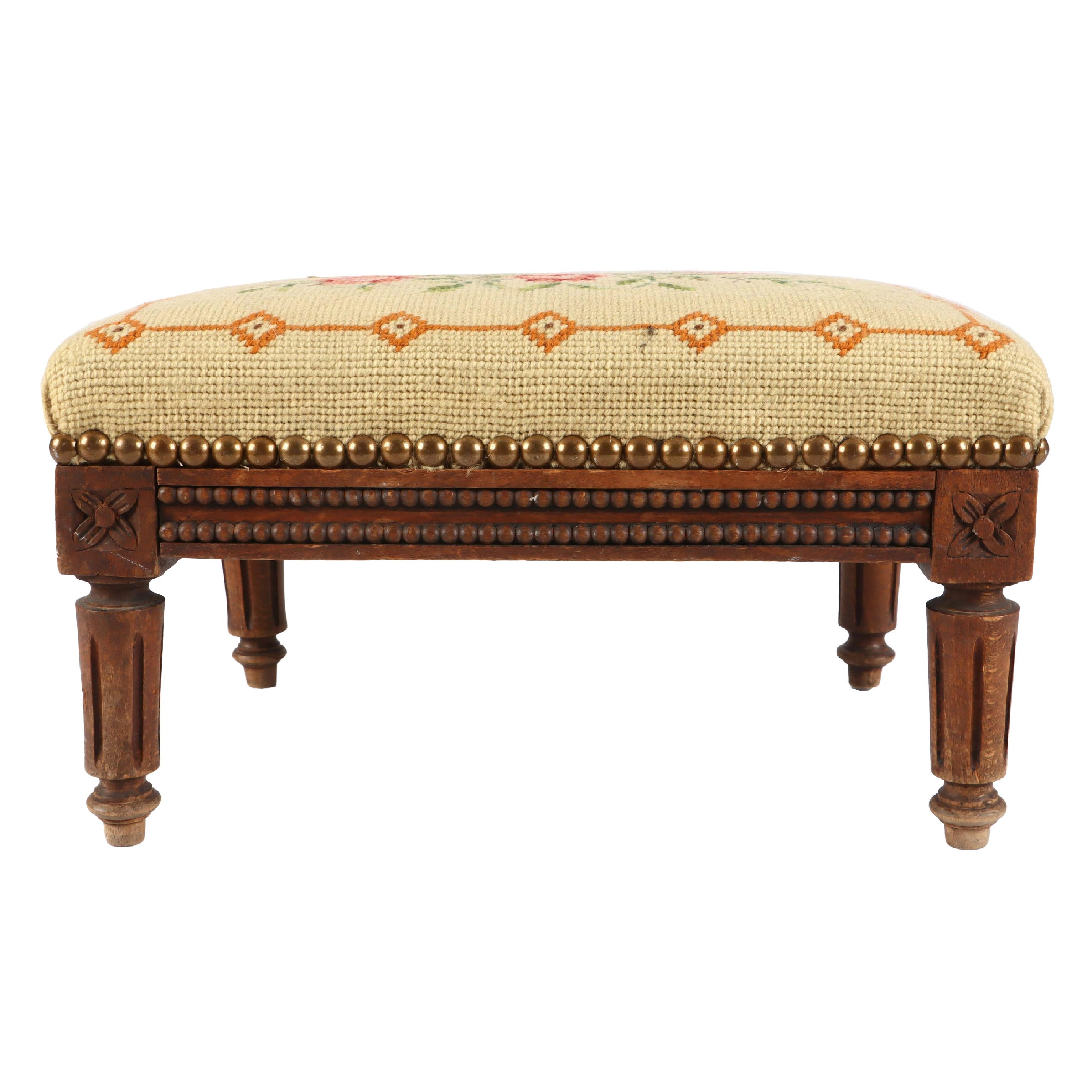 Victorian Carved Wood Footstool with Needlepoint Cushion
