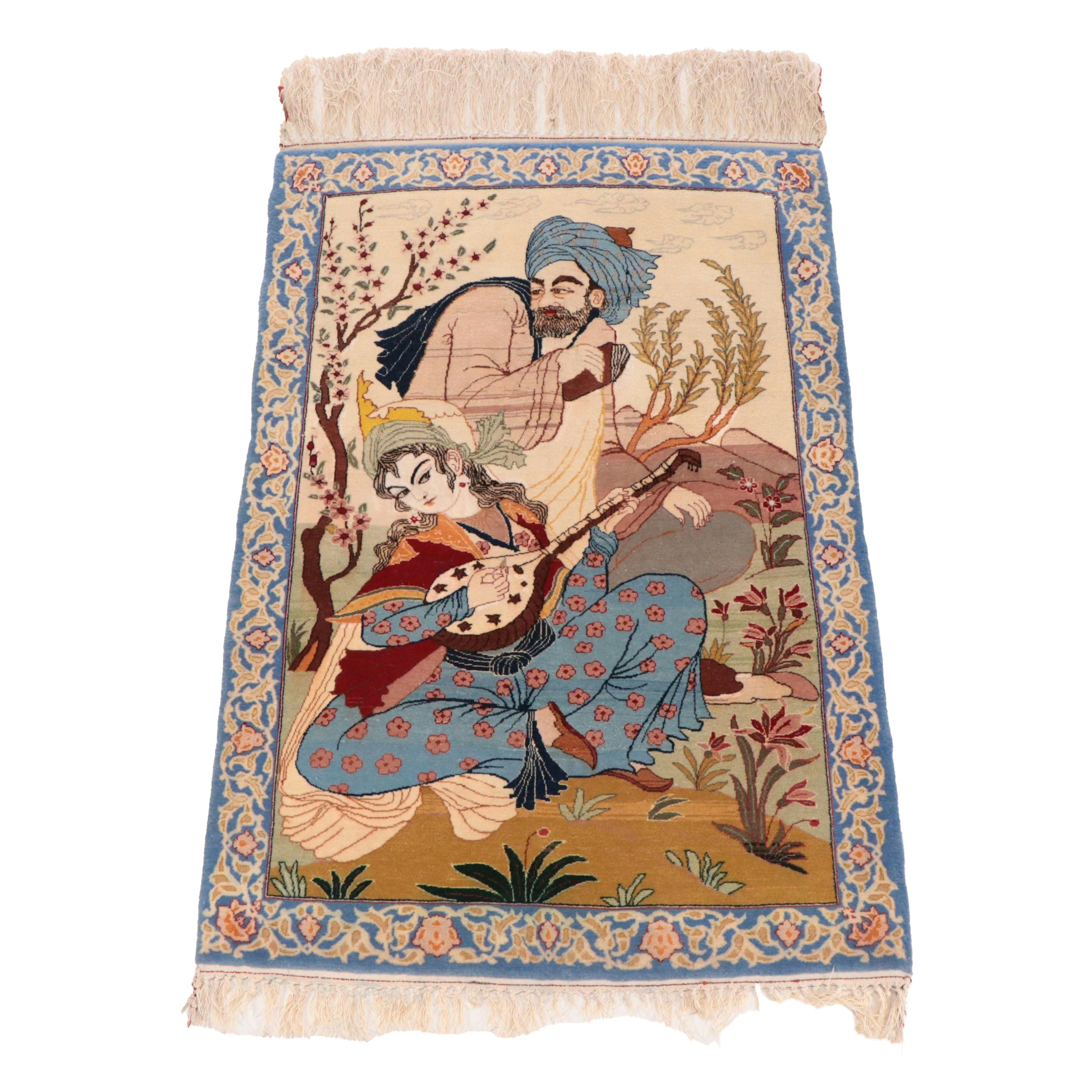 2'3 x 3' Hand-Knotted Persian Isfahan Silk Blend Pictorial Accent Rug, c. 1920