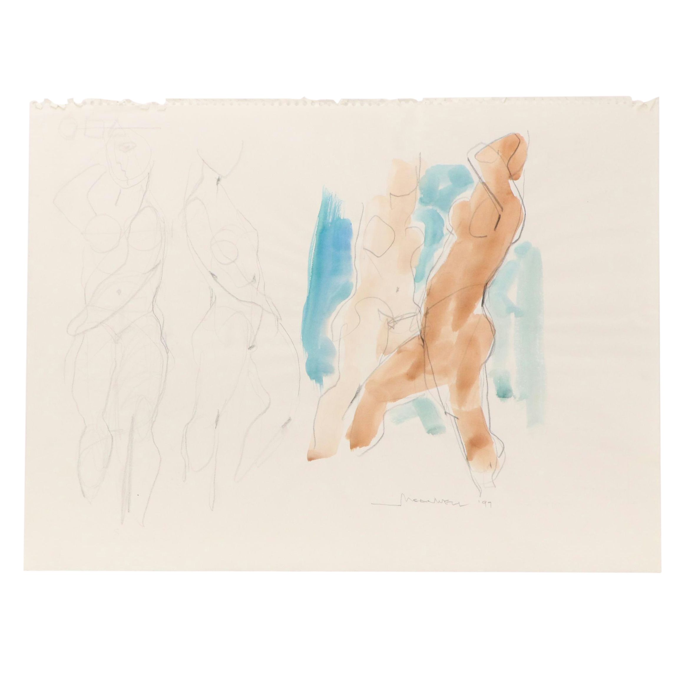 Jack Meanwell Mixed Media Stylized Figural Composition Drawing, 1997