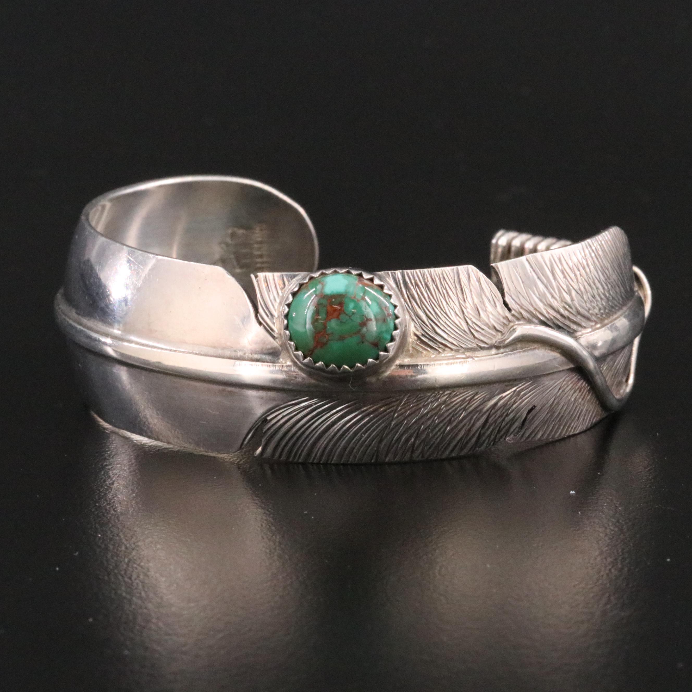 Bennie Ration Navajo Diné Sterling Turquoise Feather Cuff Bracelet