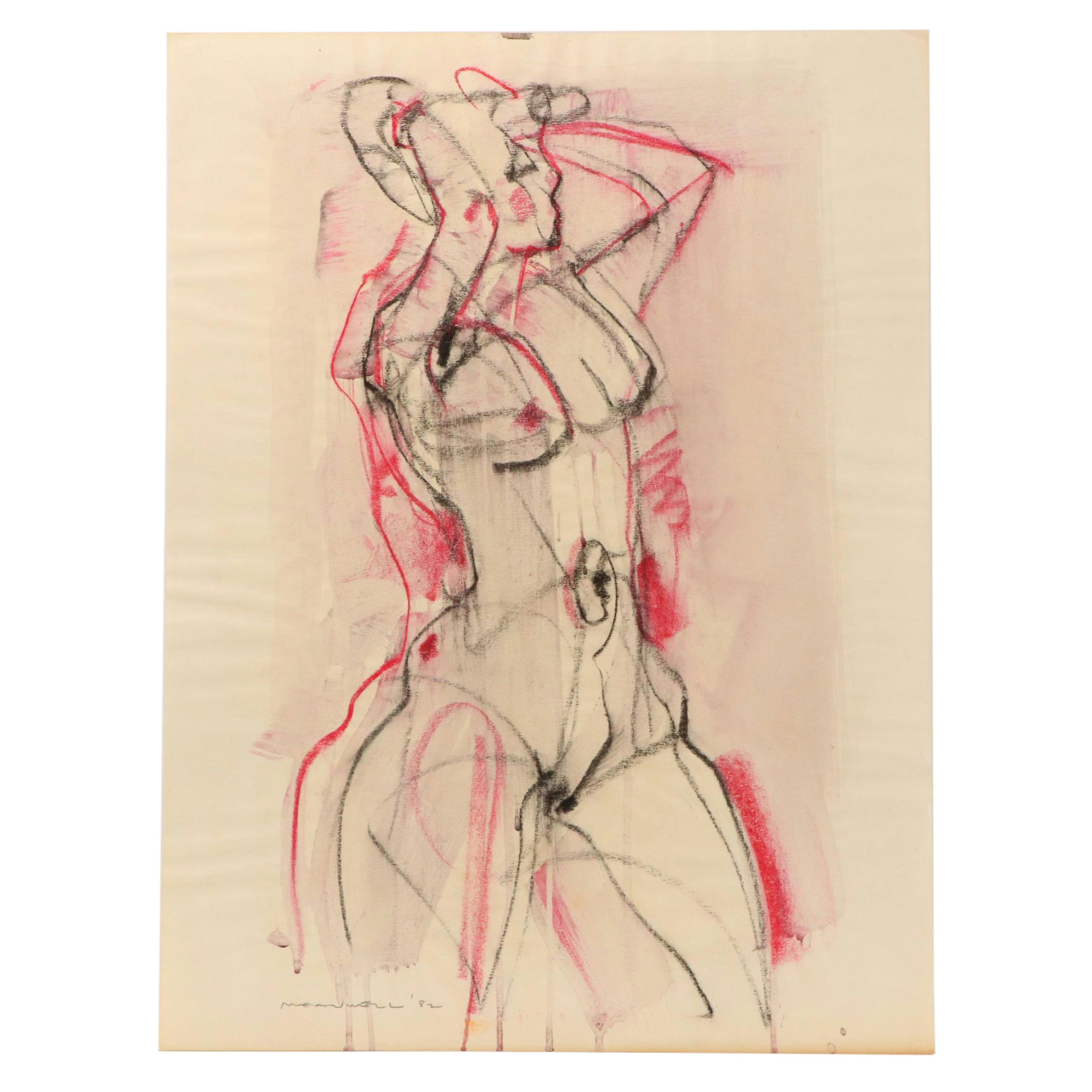 Jack Meanwell Stylized Nude Figure Line Drawing, 1982