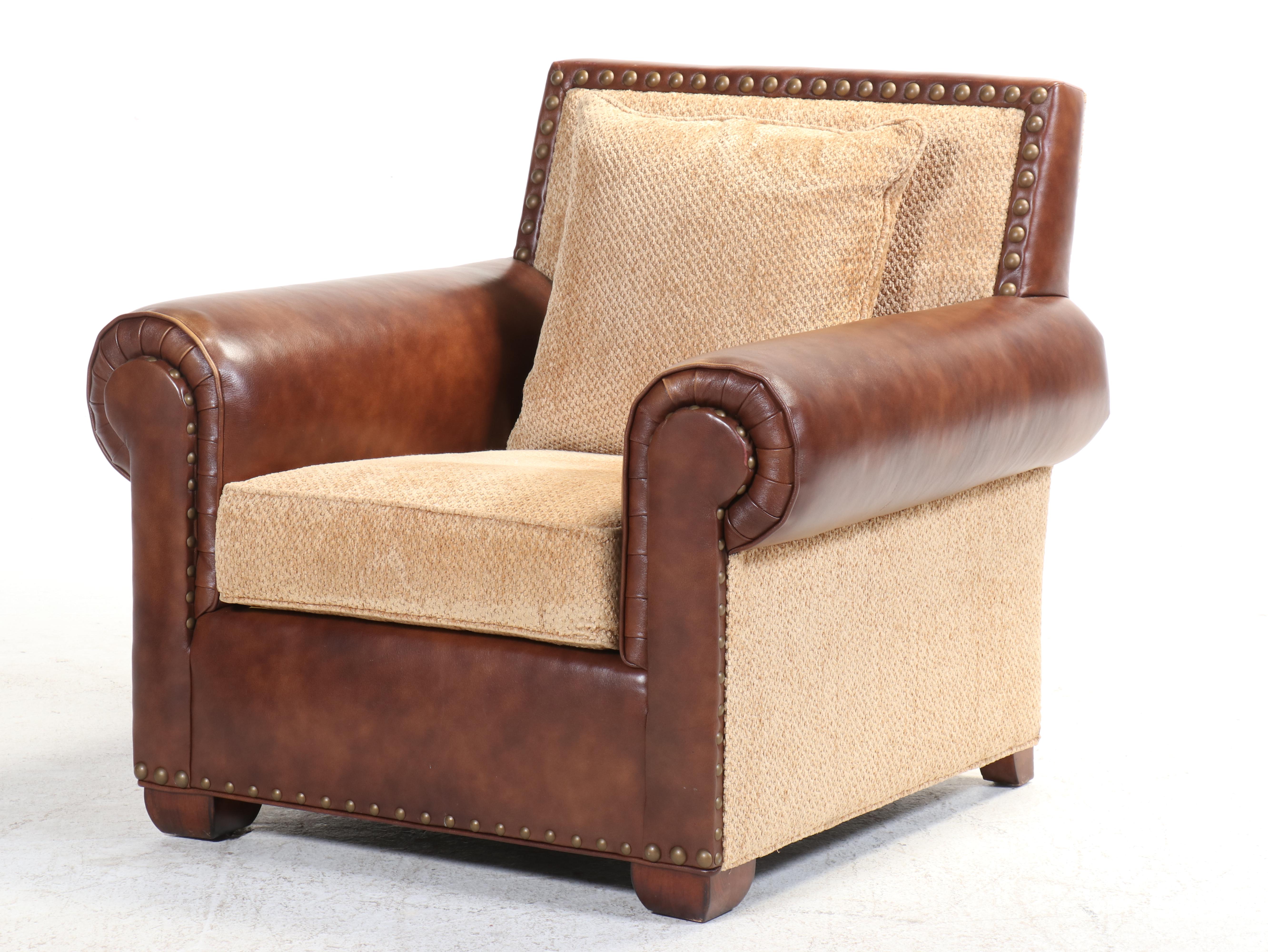 Century Furniture Custom-Upholstered Easy Armchair and Ottoman with Nailheads