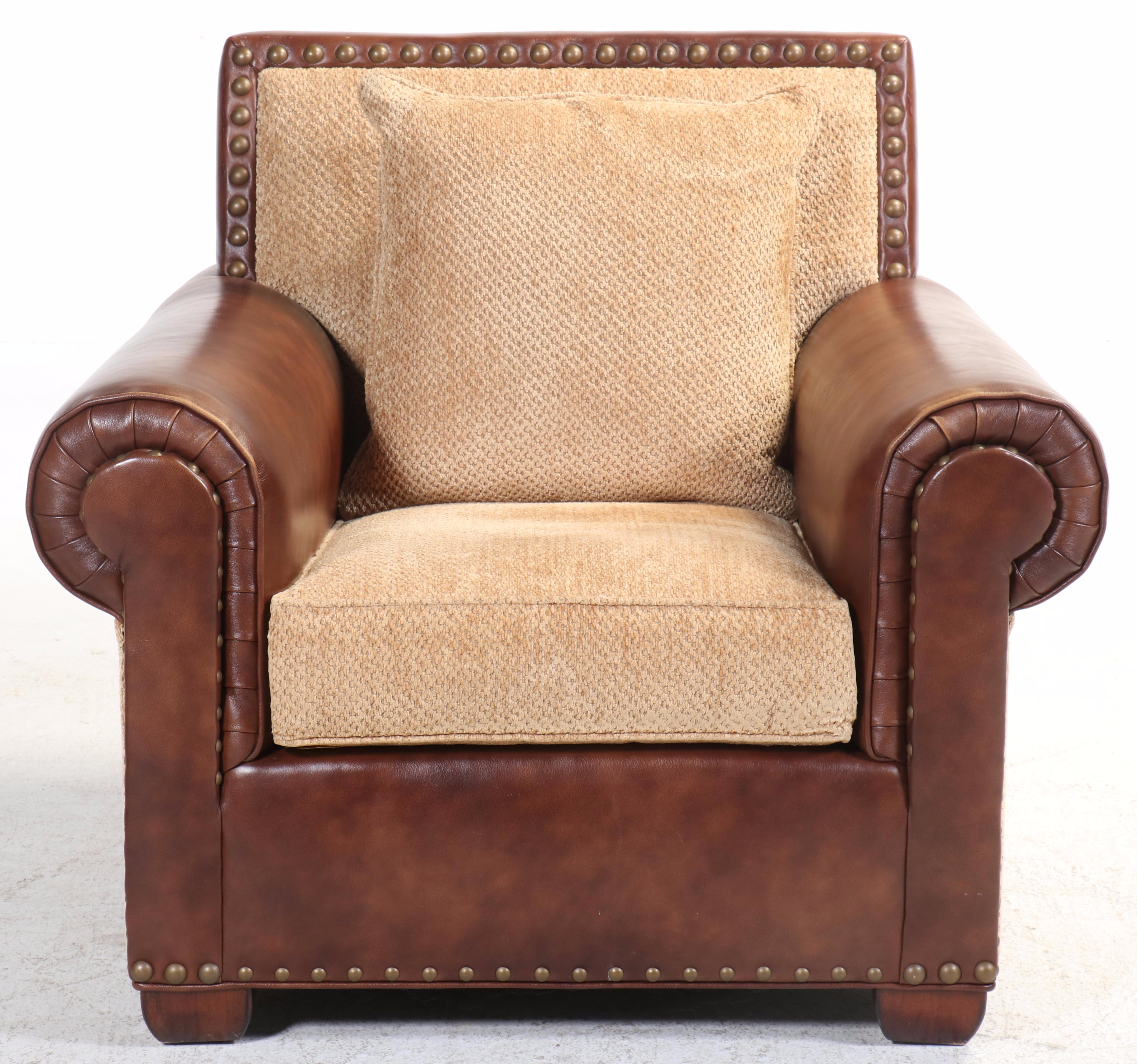 Century Furniture Custom-Upholstered Easy Armchair and Ottoman with Nailheads