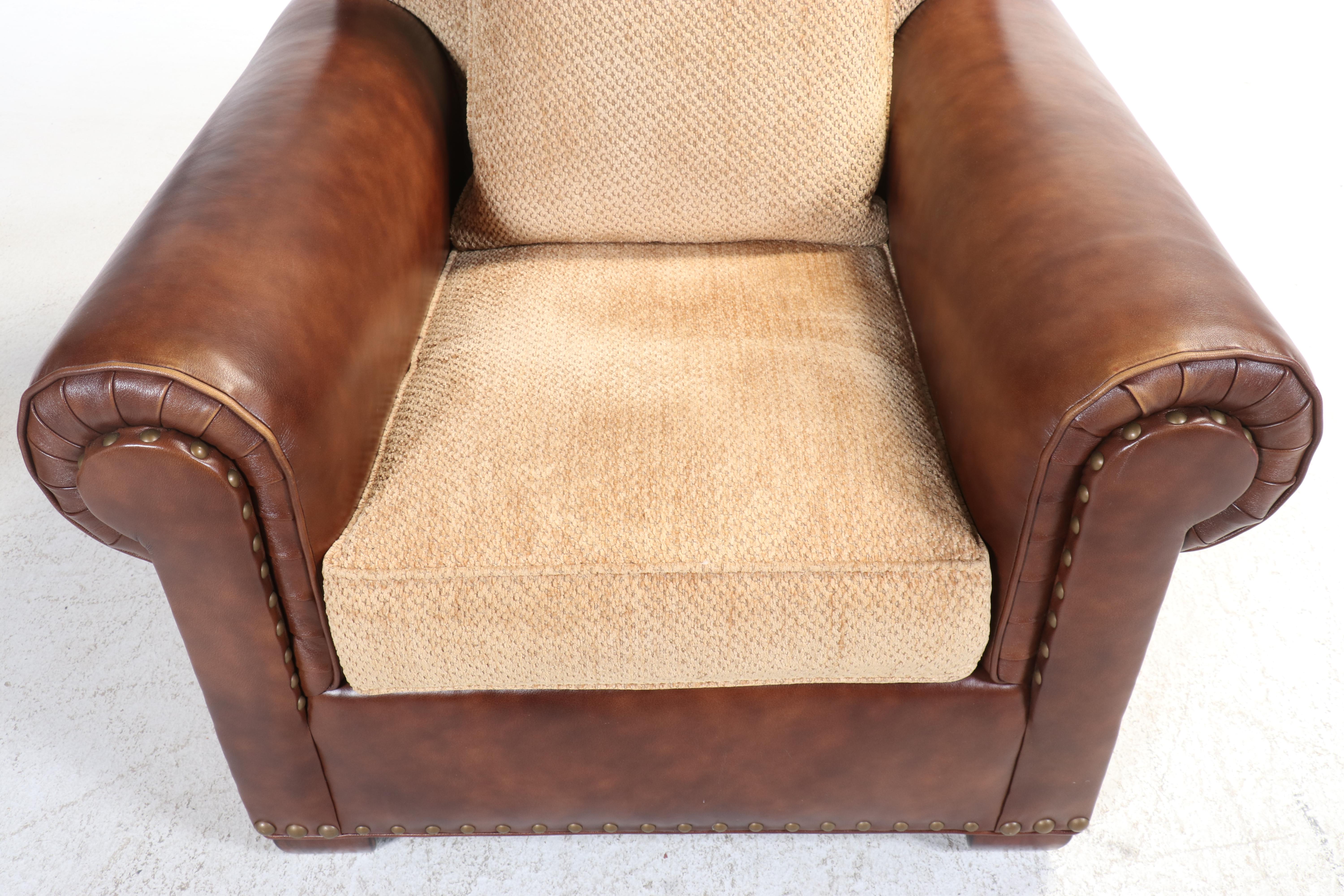 Century Furniture Custom-Upholstered Easy Armchair and Ottoman with Nailheads
