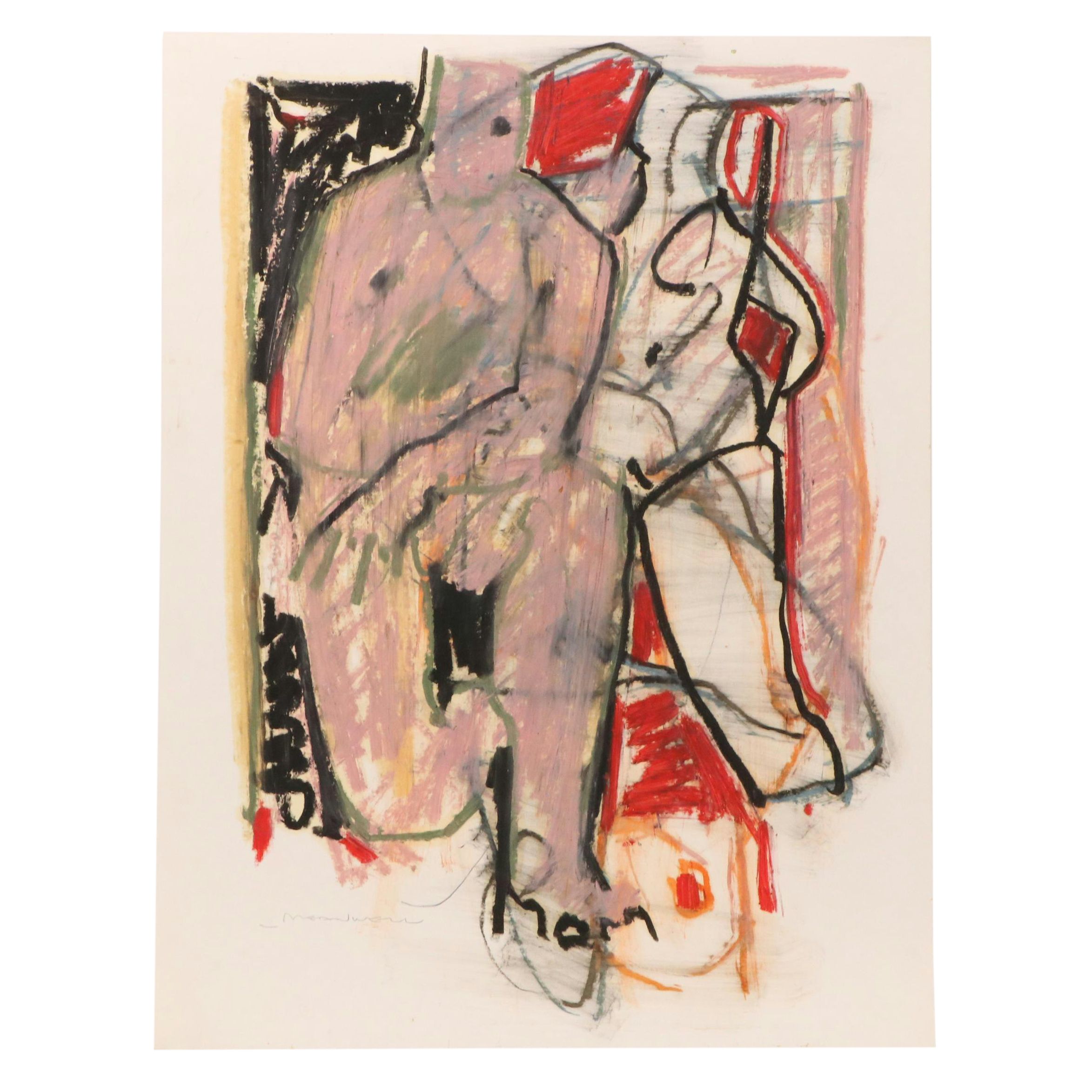 Jack Meanwell Gestural Oil Pastel Figure Drawing, late 20th century