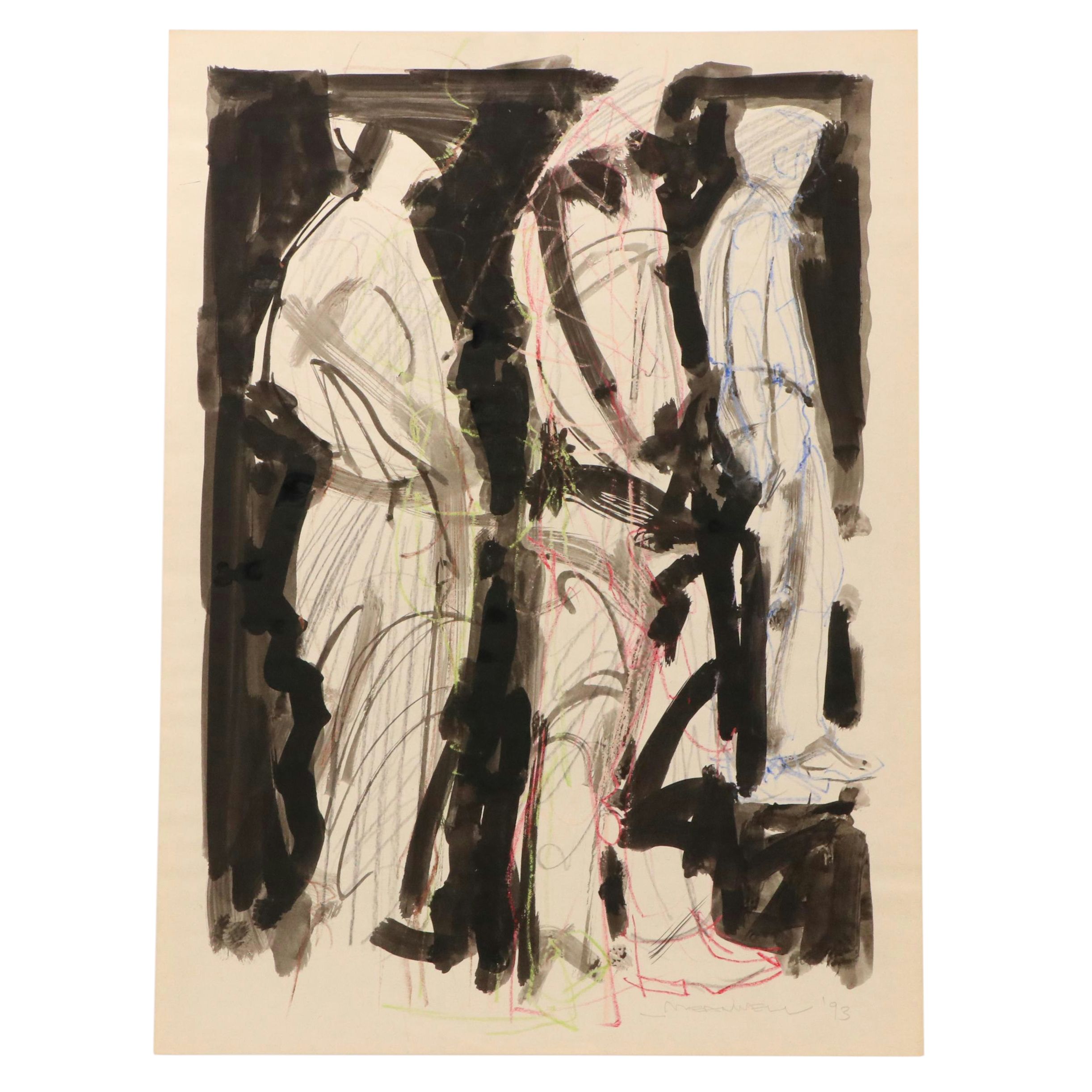 Jack Meanwell Stylized Multi Figure Mixed Media Drawing, 1993