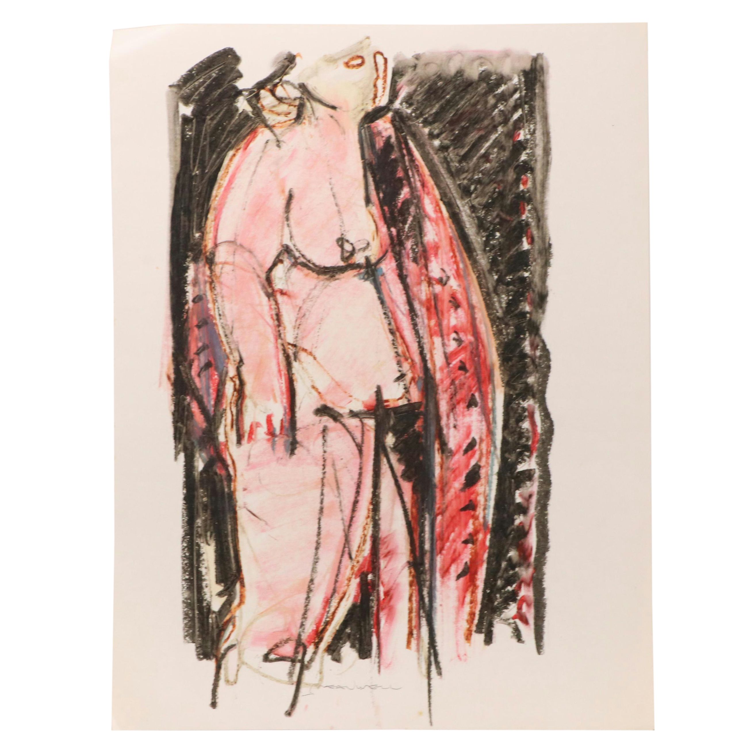 Jack Meanwell Abstract Figural Composition Pastel Drawing, Late 20th Century