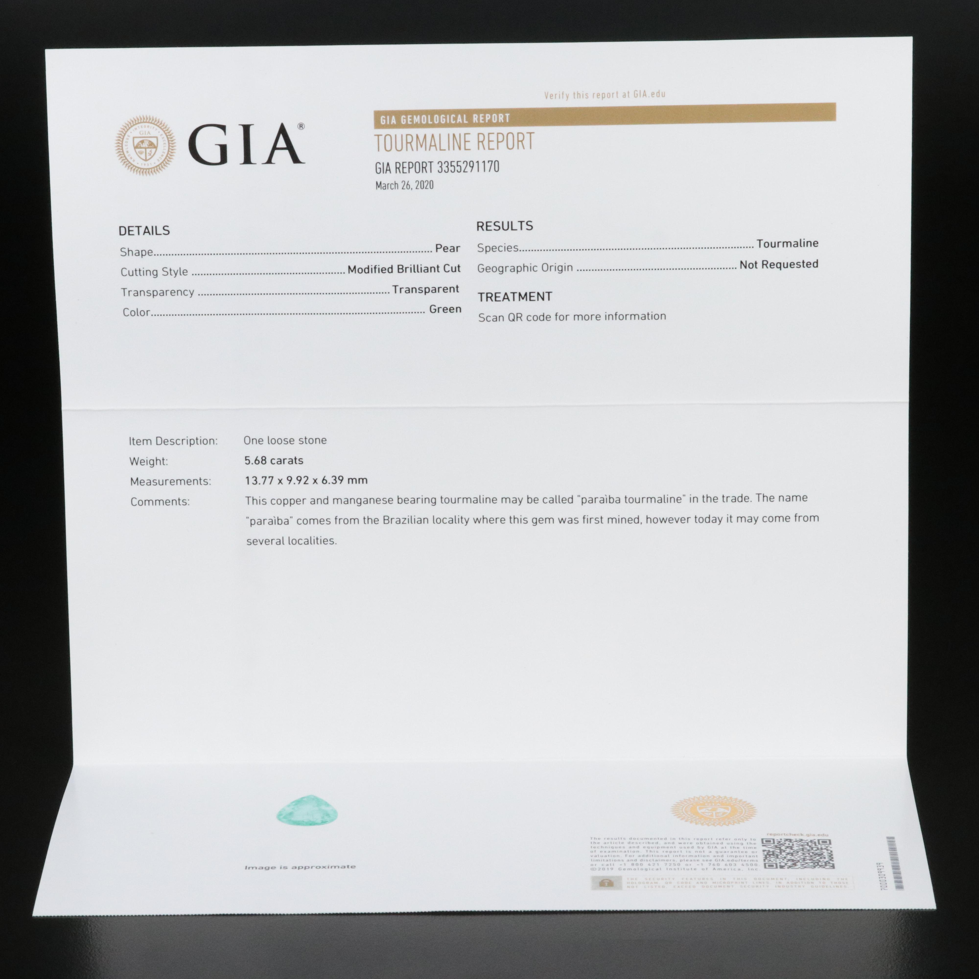 14K 5.68 CT Paraiba Tourmaline and 1.06 CTW Diamond Ring with GIA Report