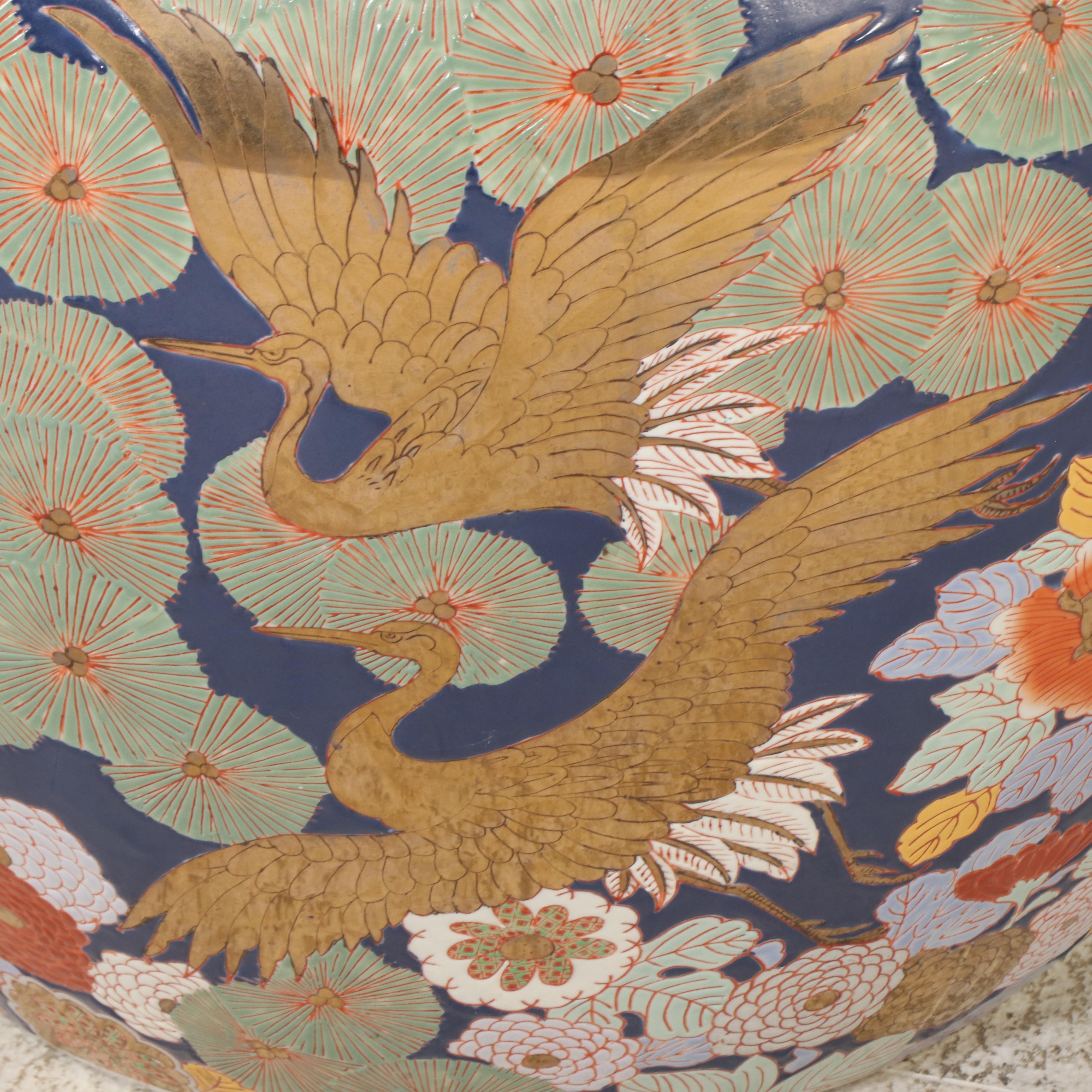 Chinese Gilt-Accent Ceramic Fishbowl Planter with Glass Tabletop